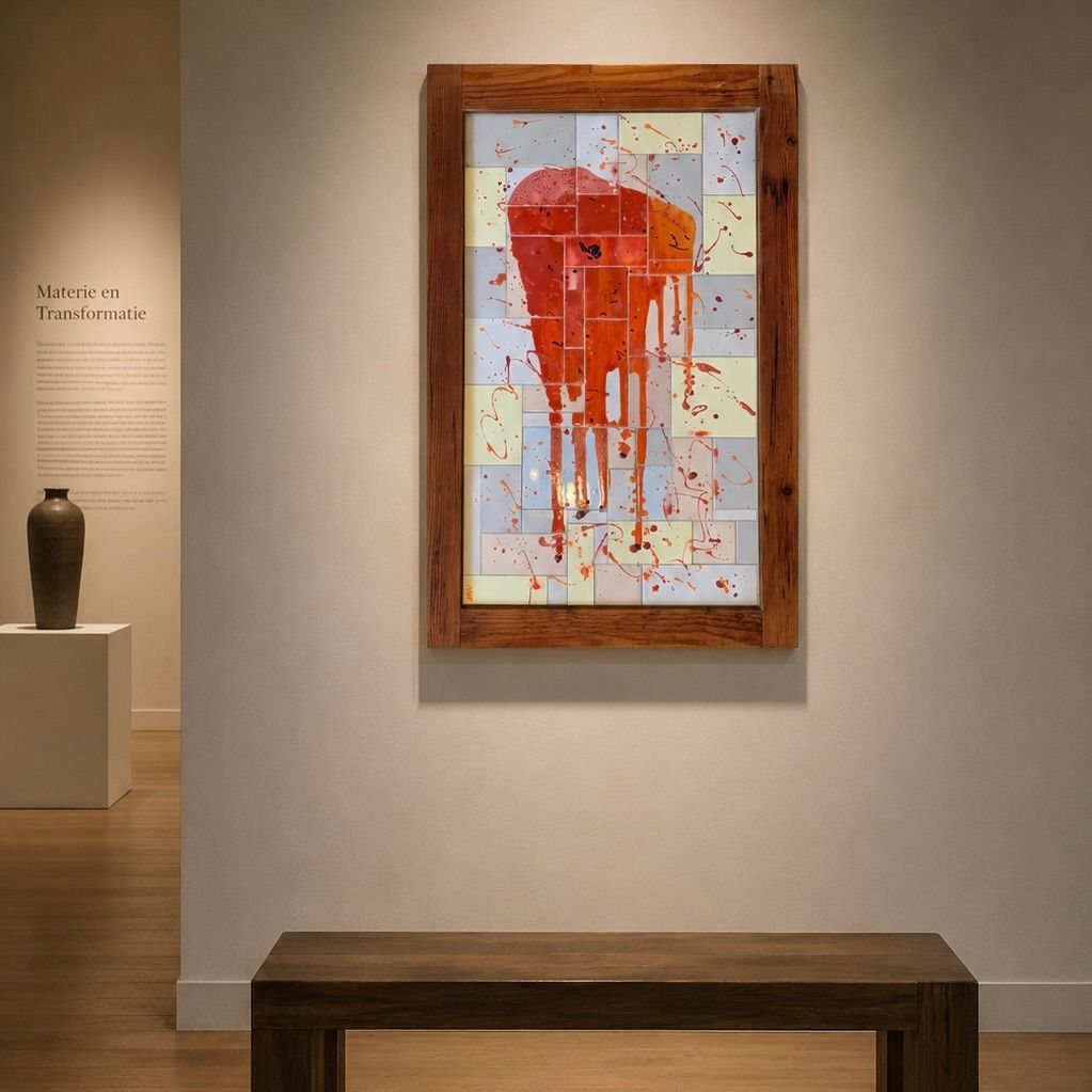 Een moderne kunstgaleriewand met een ingelijst abstract rood-wit schilderij en een houten bankje eronder.
