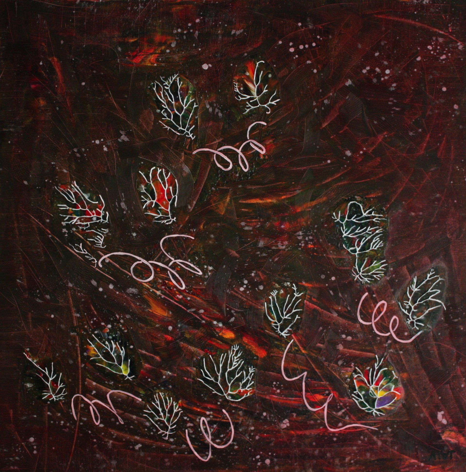 Abstract kunstwerk in donkerrood en zwart met verspreide witte bloemvormen en wervelende lijnen.
