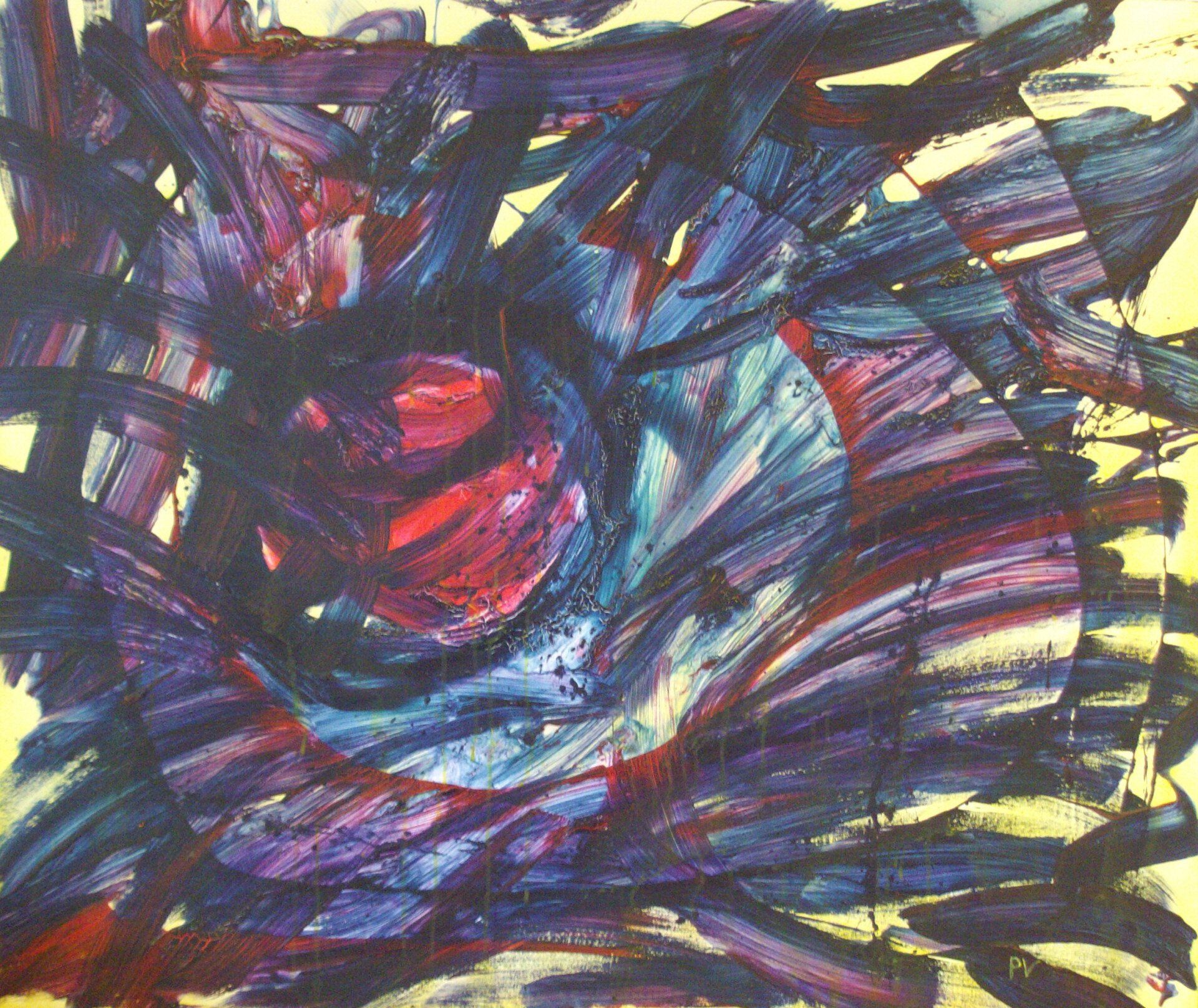 Abstract schilderij met wervelende rode, blauwe en paarse penseelstreken rond een donker centrum.