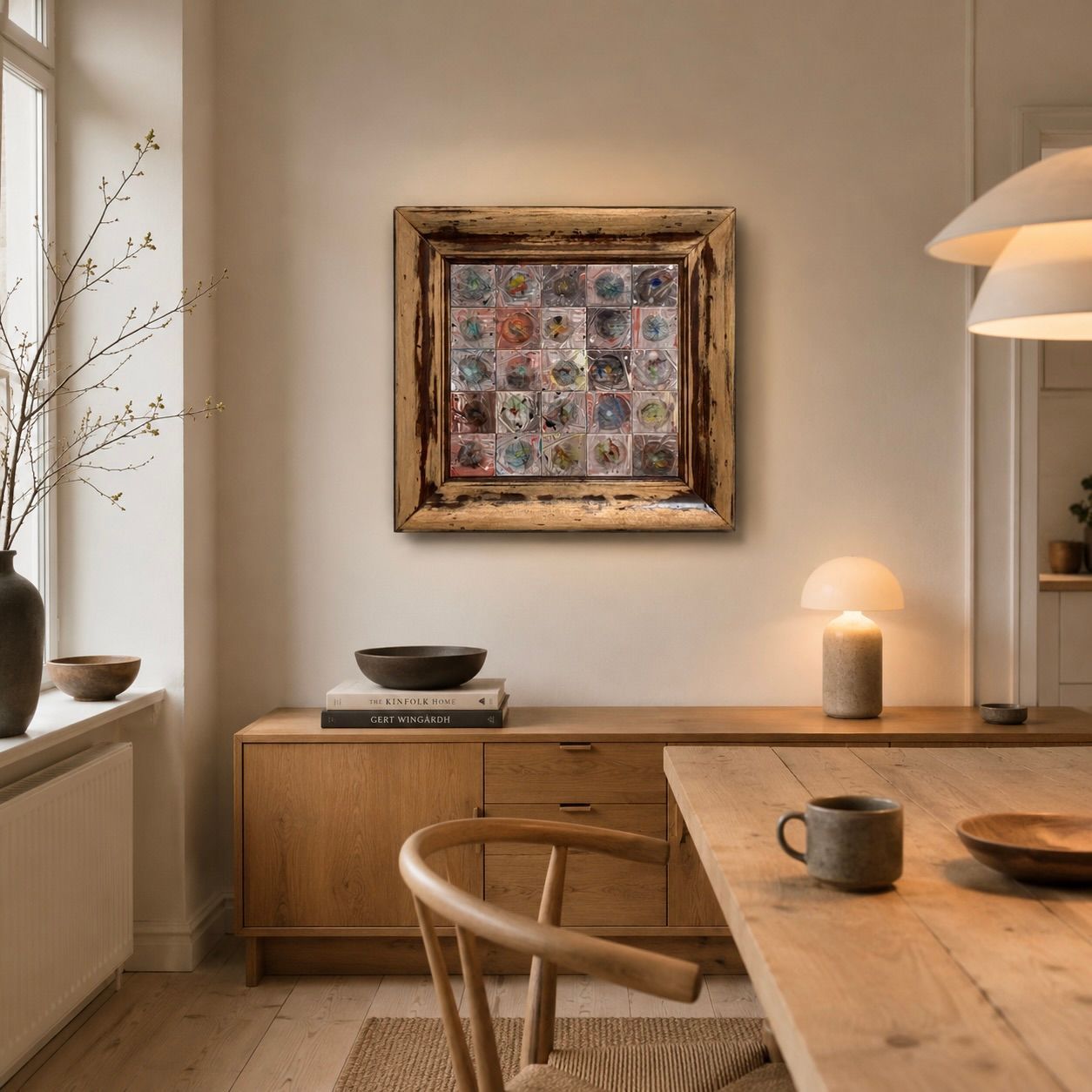 Gezellige eetkamer met houten tafel, stoel, dressoir, warme lamp en ingelijste kunst aan de muur.