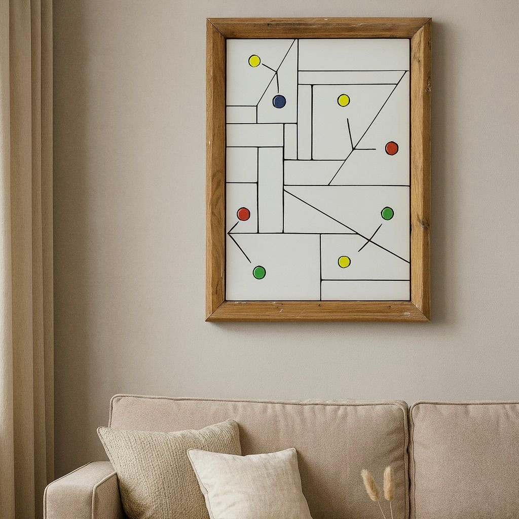 Ingelijste abstracte lijntekening met kleurrijke stippen boven een beige bank in een warme woonkamer.