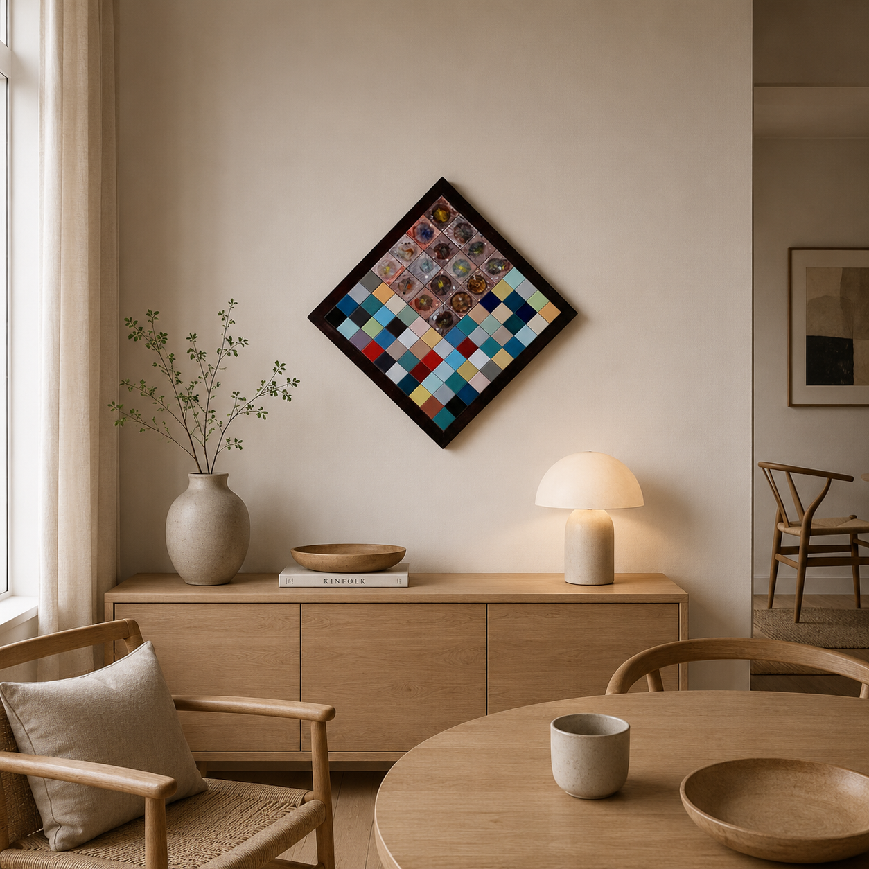Gezellige beige woonkamer met een laag kastje, lamp, gevlochten stoel en kleurrijke diamantvormige muurdecoratie.