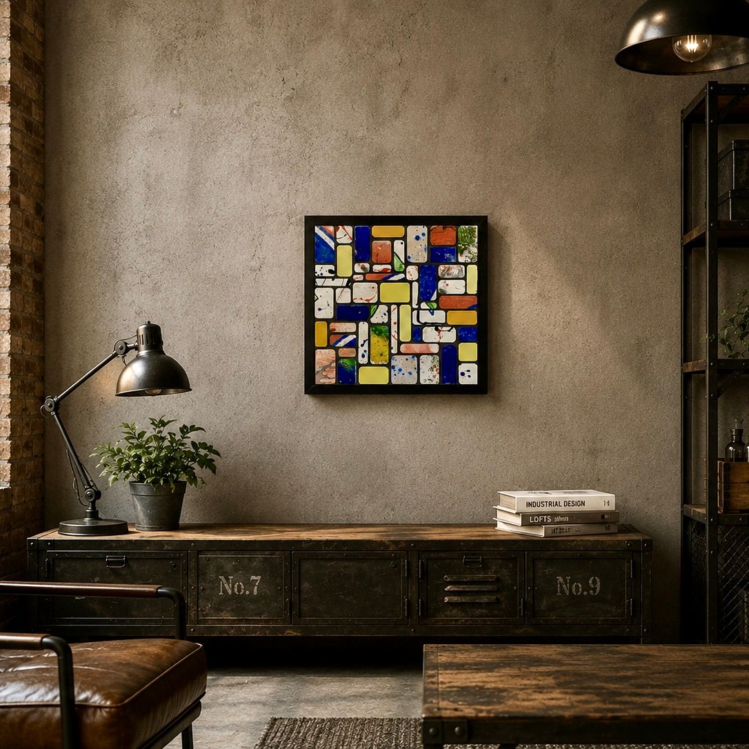 Gezellige, industriële woonkamer met een laag kastje, staande lamp, plant en kleurrijke abstracte muurdecoratie.