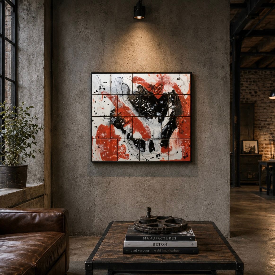 Abstract schilderij in rood, zwart en wit op een grijze muur boven een leren bank en salontafel in een moderne woonkamer.