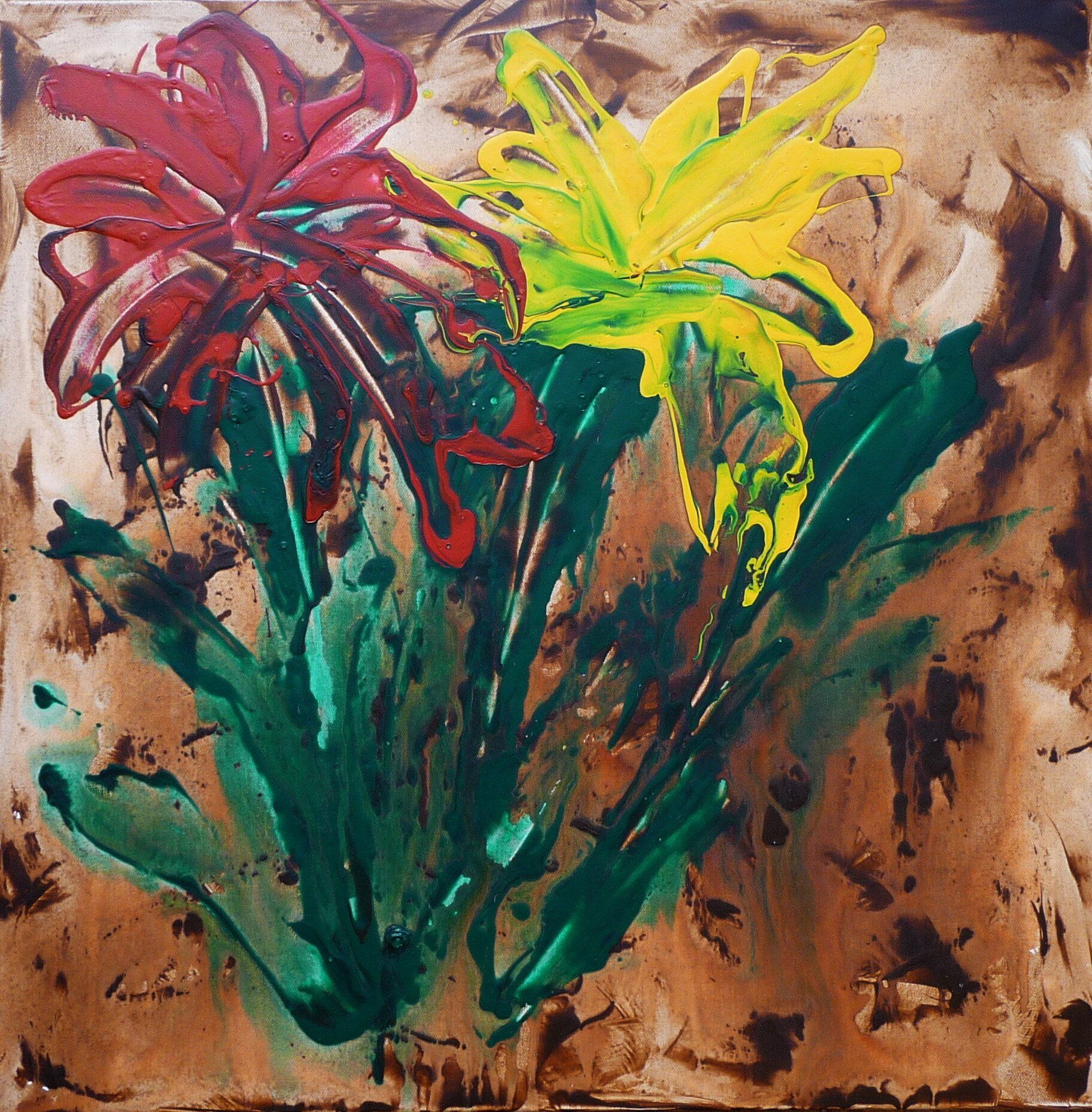 Abstracte schildering van drie kleurrijke bloemen met groene stelen op een bruine achtergrond.