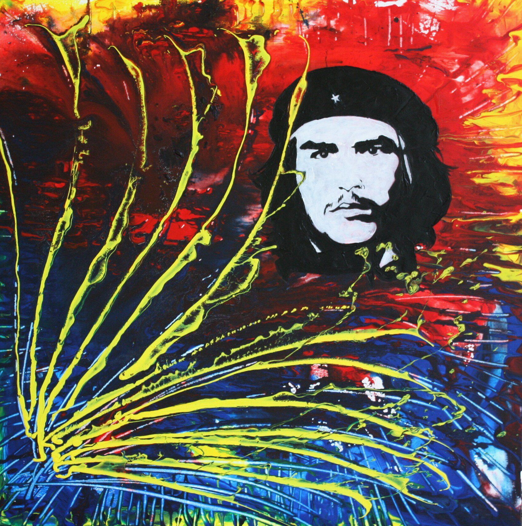 Gestileerd portret van Che Guevara met vurige rode, gele en blauwe abstracte penseelstreken.