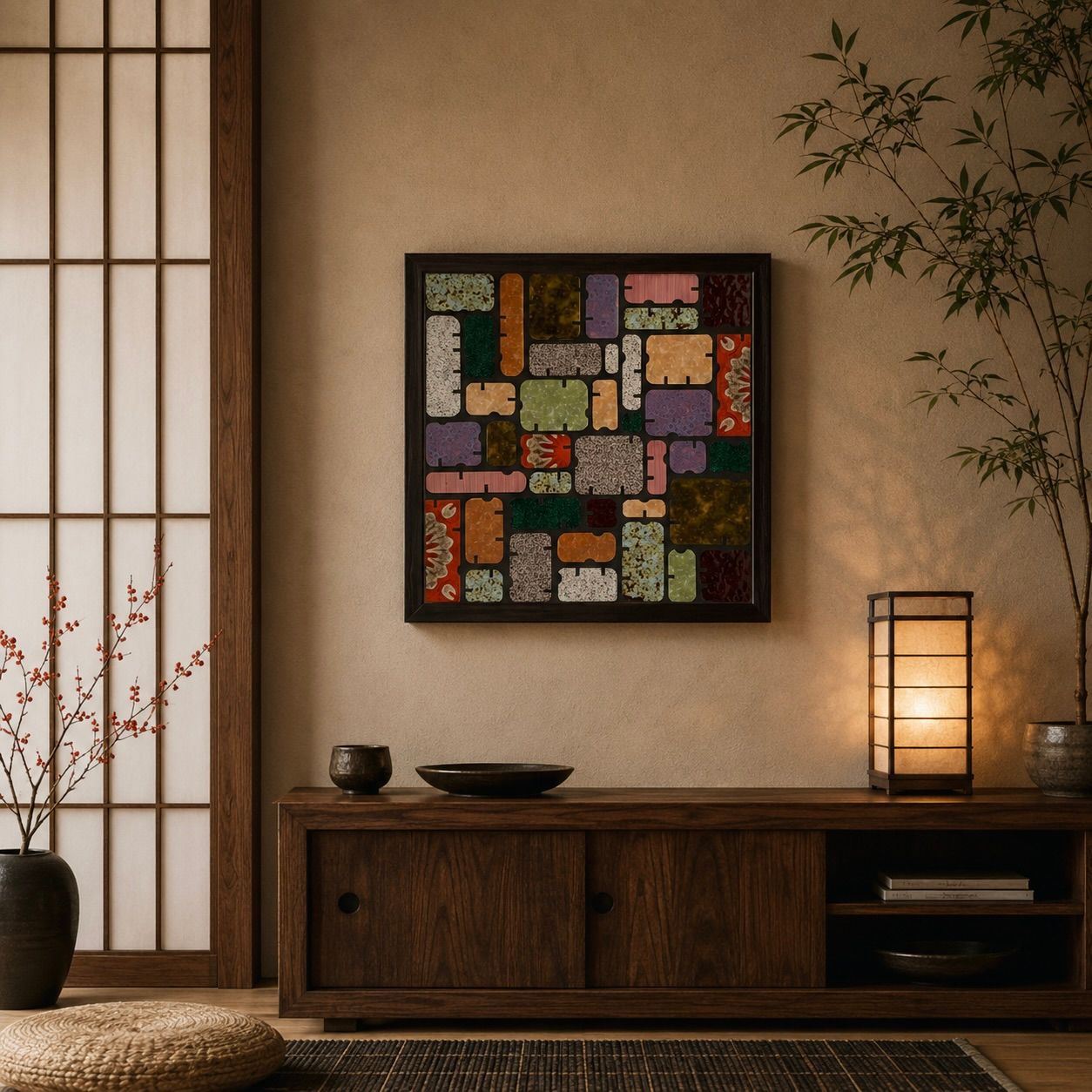 Warme, minimalistische kamer met houten kast, ingelijste abstracte kunst, shoji-scherm en zachte lampverlichting.