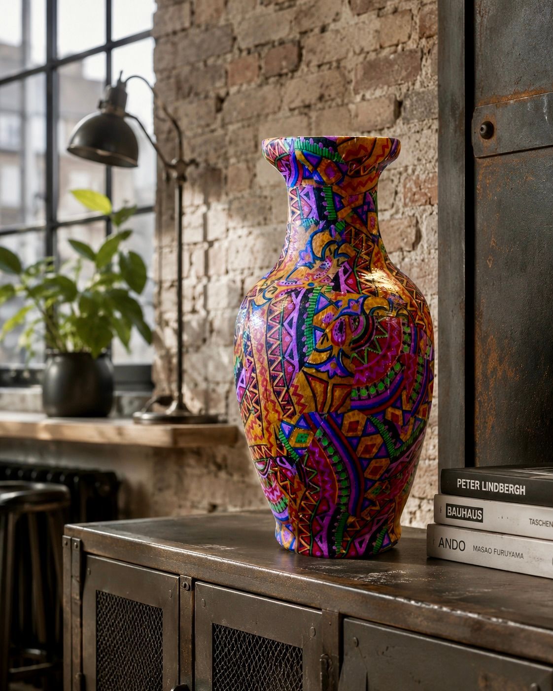 Kleurrijke mozaïekvaas op een kast in een rustieke kamer met een lamp en plant op de achtergrond.