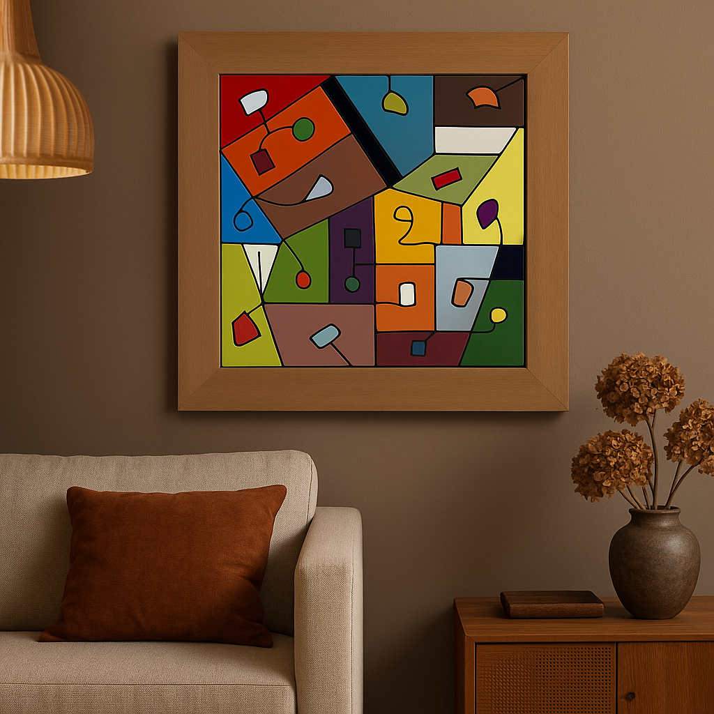 Kleurrijke abstracte muurdecoratie in een gezellige woonkamer met een beige bank en een houten bijzettafel.