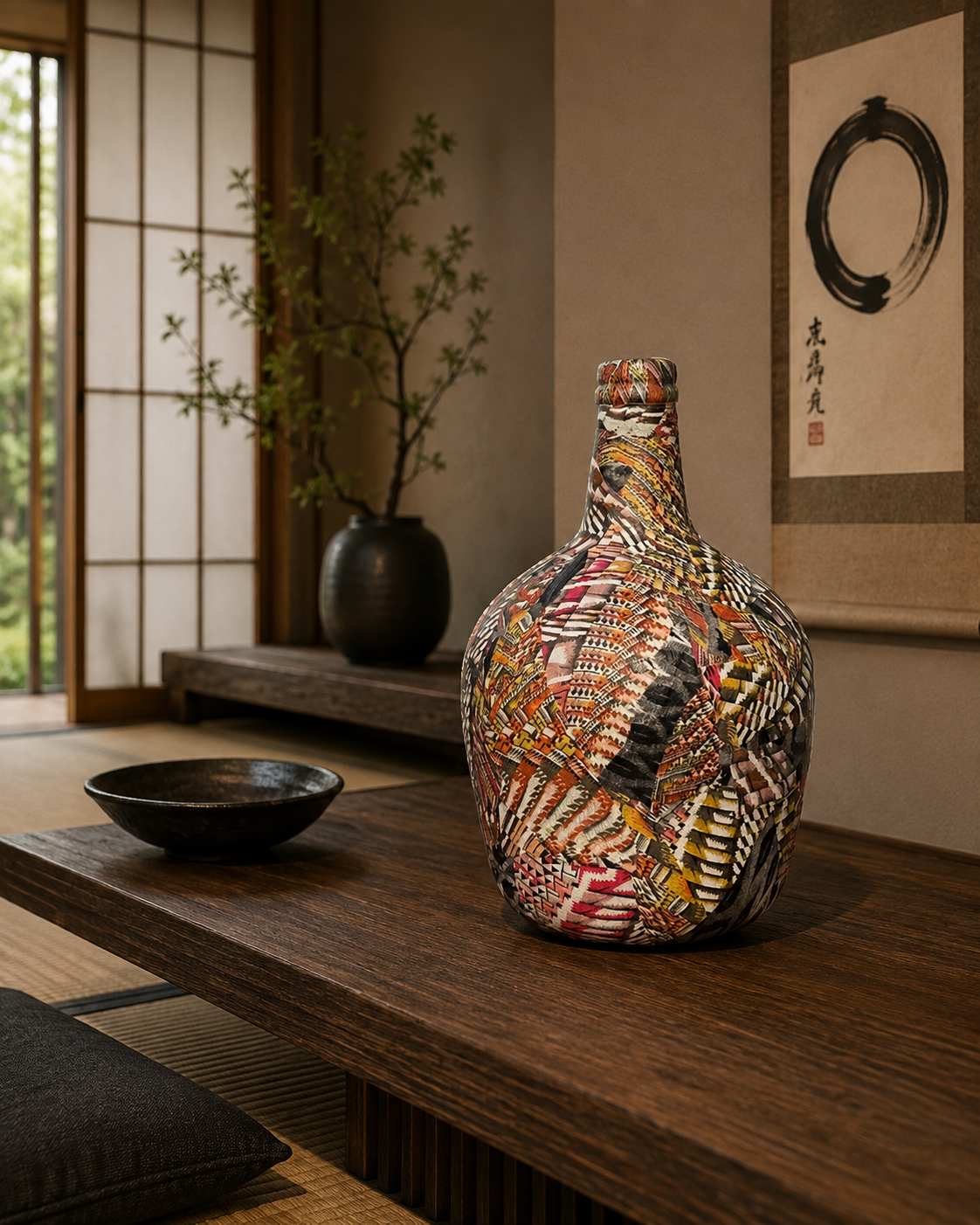 Kleurrijke mozaïekvaas op een houten tafel in een serene kamer in Japanse stijl.