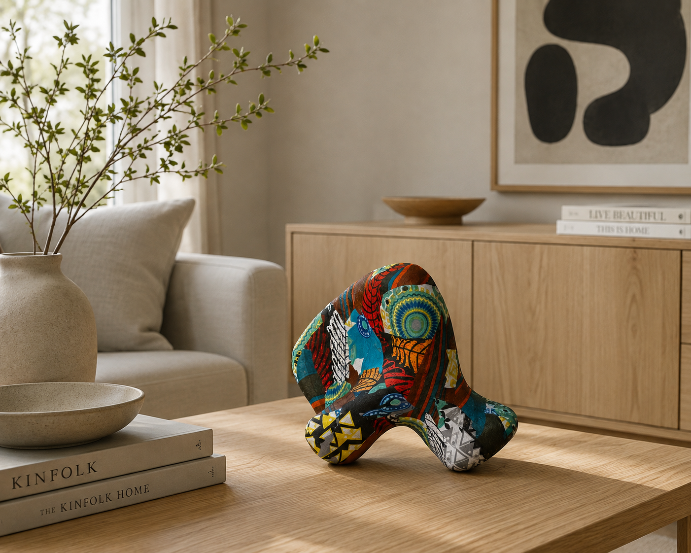 Kleurrijk hondenbeeldje met patroon op een houten salontafel in een zonnige, moderne woonkamer.