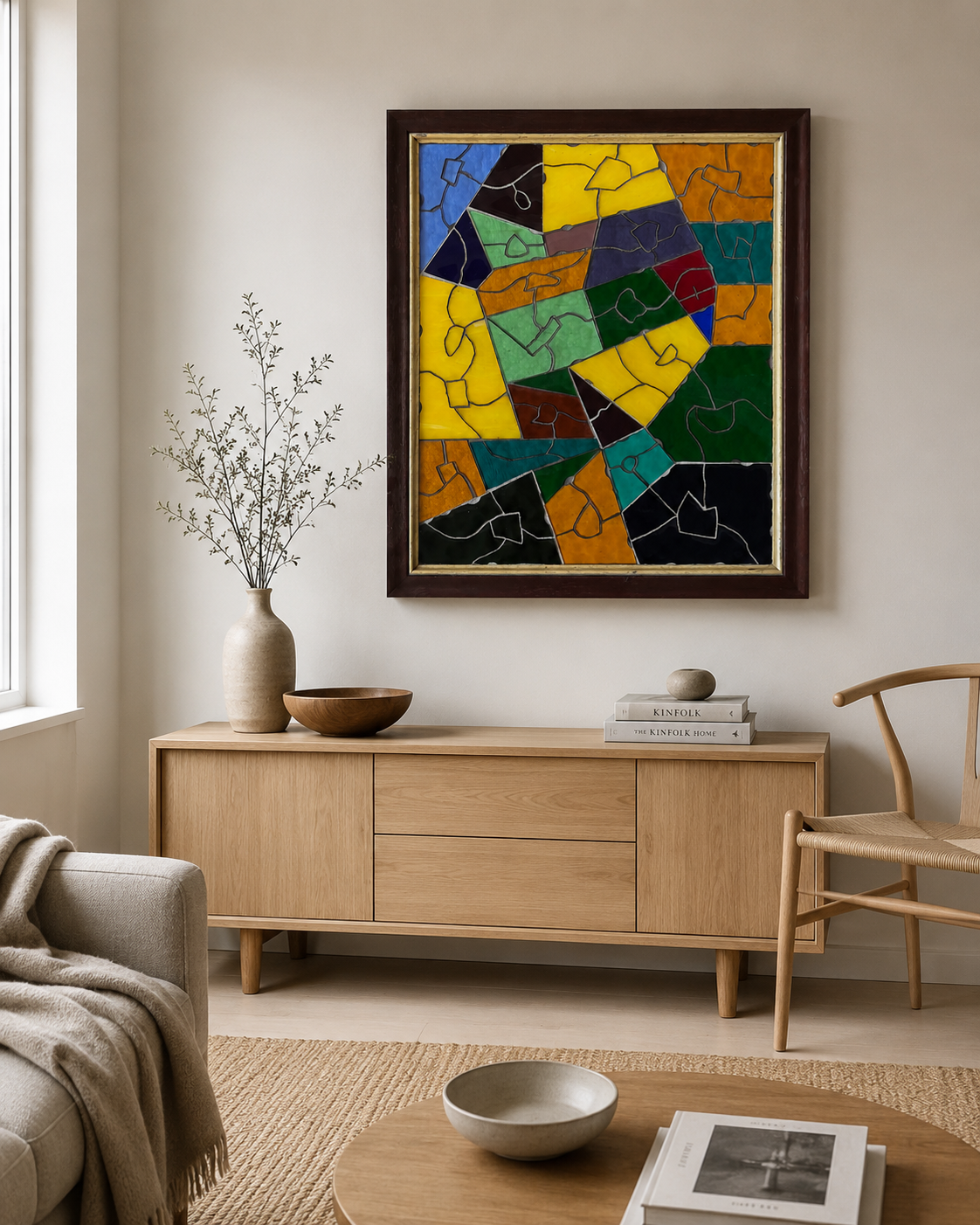 Gezellige woonkamer met abstracte ingelijste kunst, houten dressoir, gevlochten stoel en neutrale decoratie.