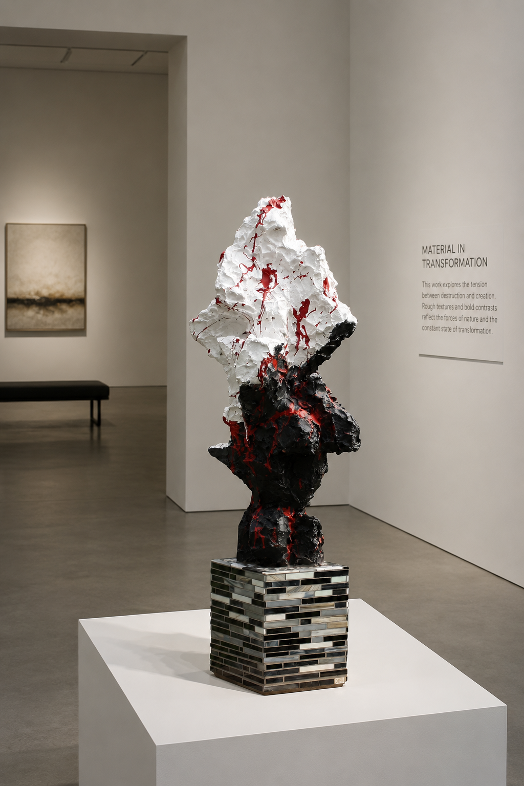 Abstracte sculptuur van gemengde materialen op een witte sokkel in een galerie.