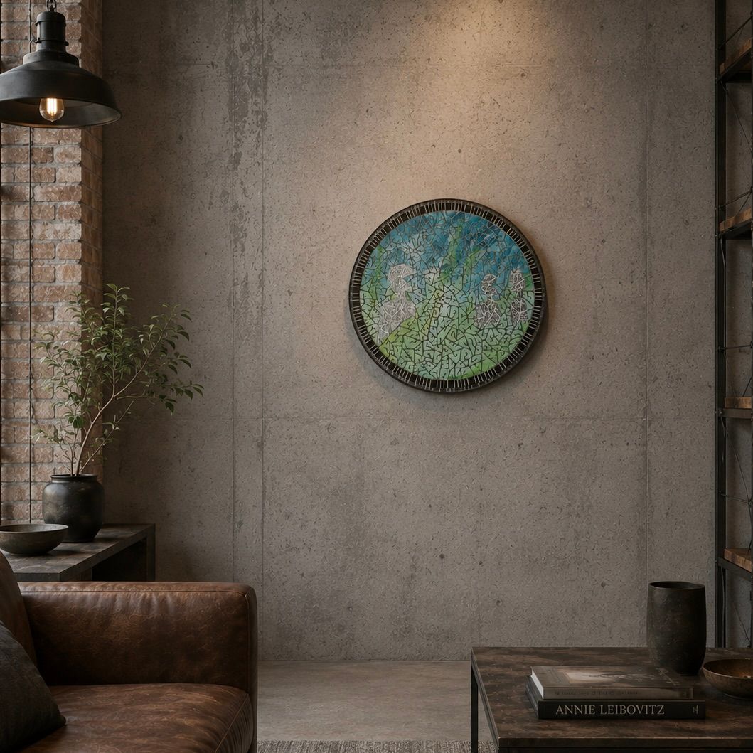 Gezellige, industriële woonkamer met bruine bank, bakstenen muur, hanglamp en ronde mozaïekwanddecoratie.