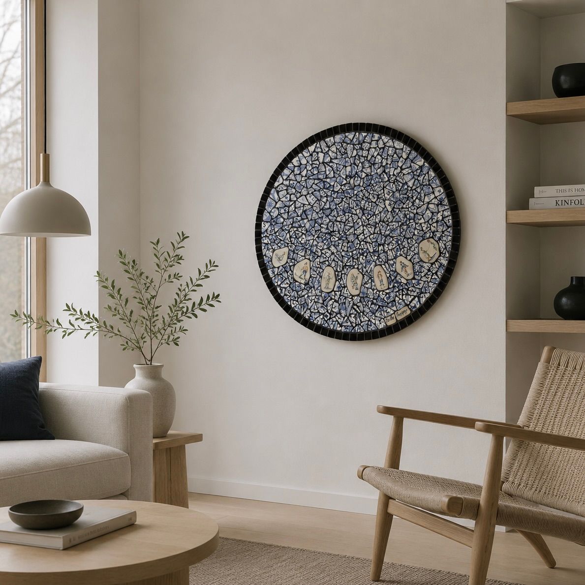 Neutrale woonkamer met crèmekleurige bank, houten stoel, rond mozaïek aan de muur en een vaas op een bijzettafel.