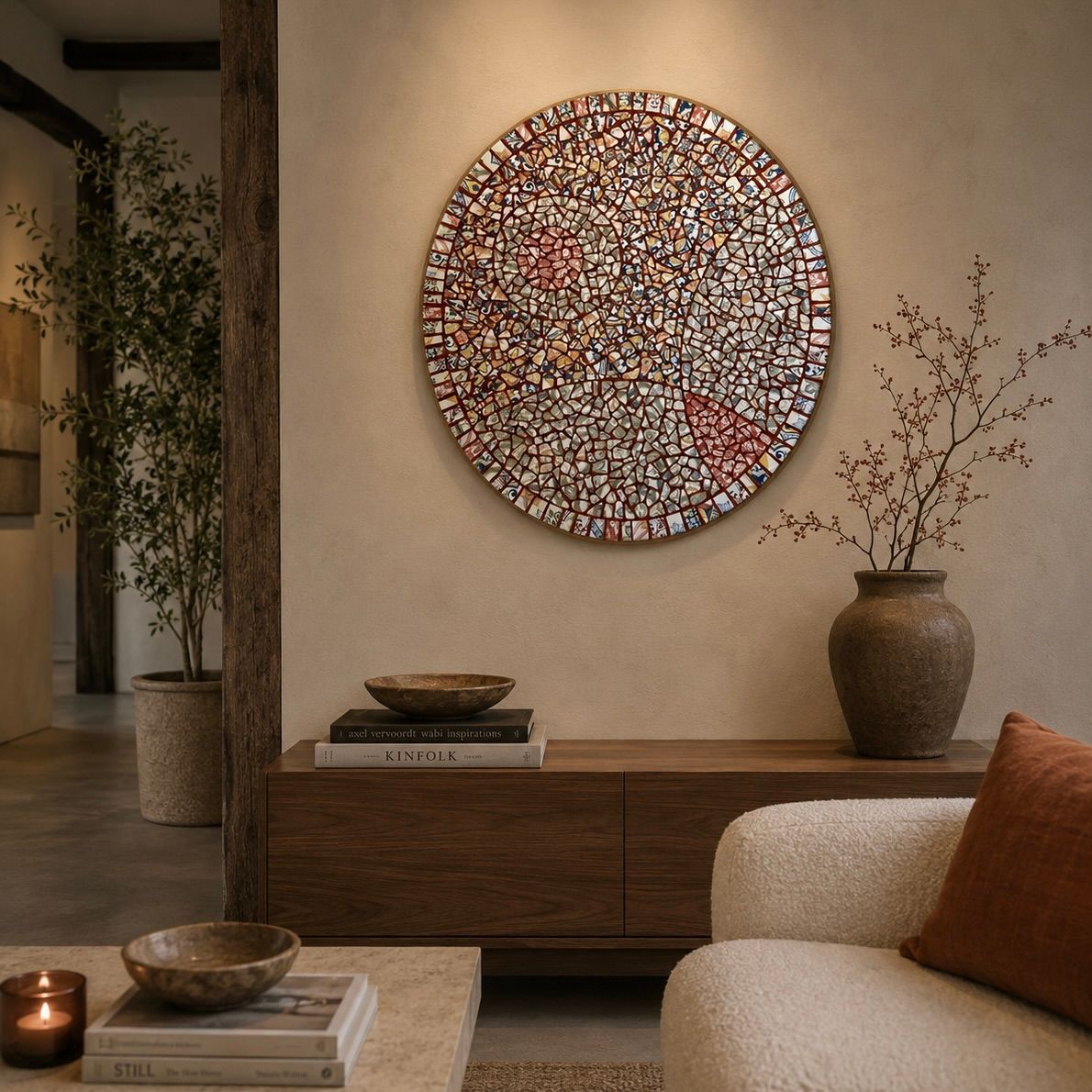 Gezellige, moderne woonkamer met een rond mozaïekwanddecoratie.