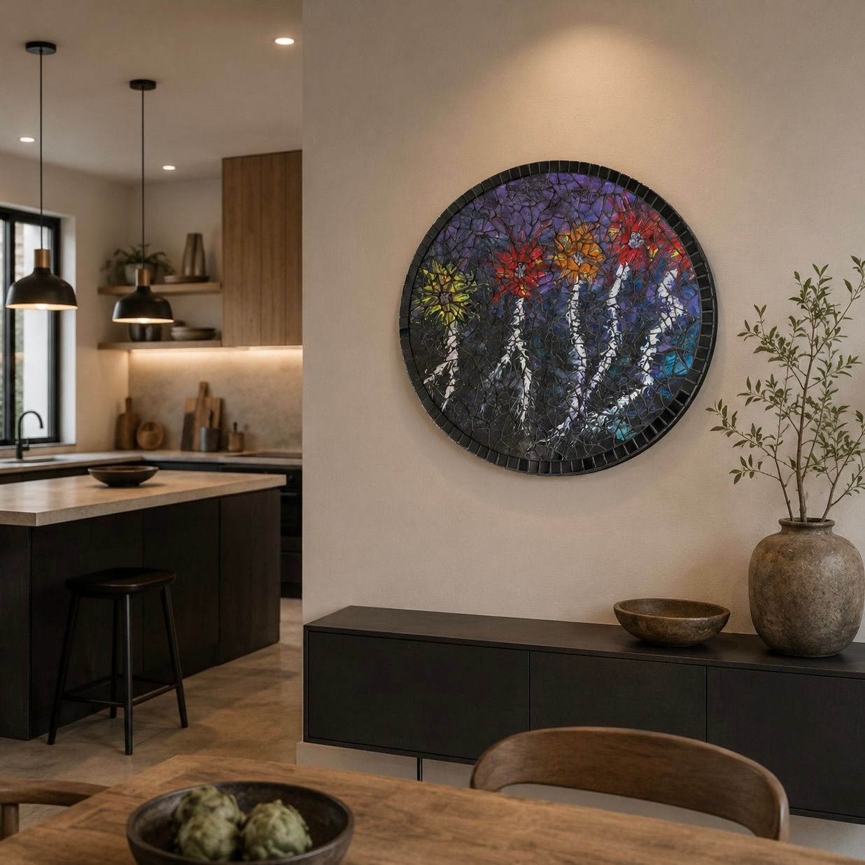 Moderne keuken en eethoek met een rond, kleurrijk mozaïek op de muur en een vaas op een consoletafel.
