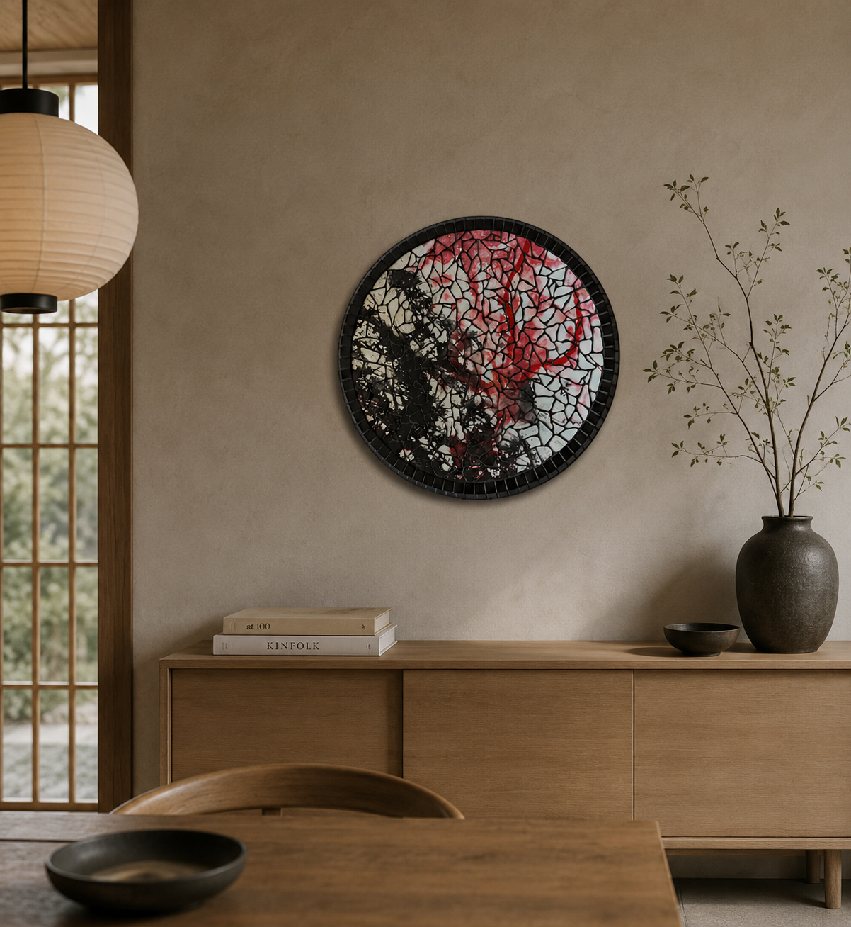 Minimalistische eetkamer met houten tafel, dressoir, zwarte kommen en een rond bloemenwanddecoratie.