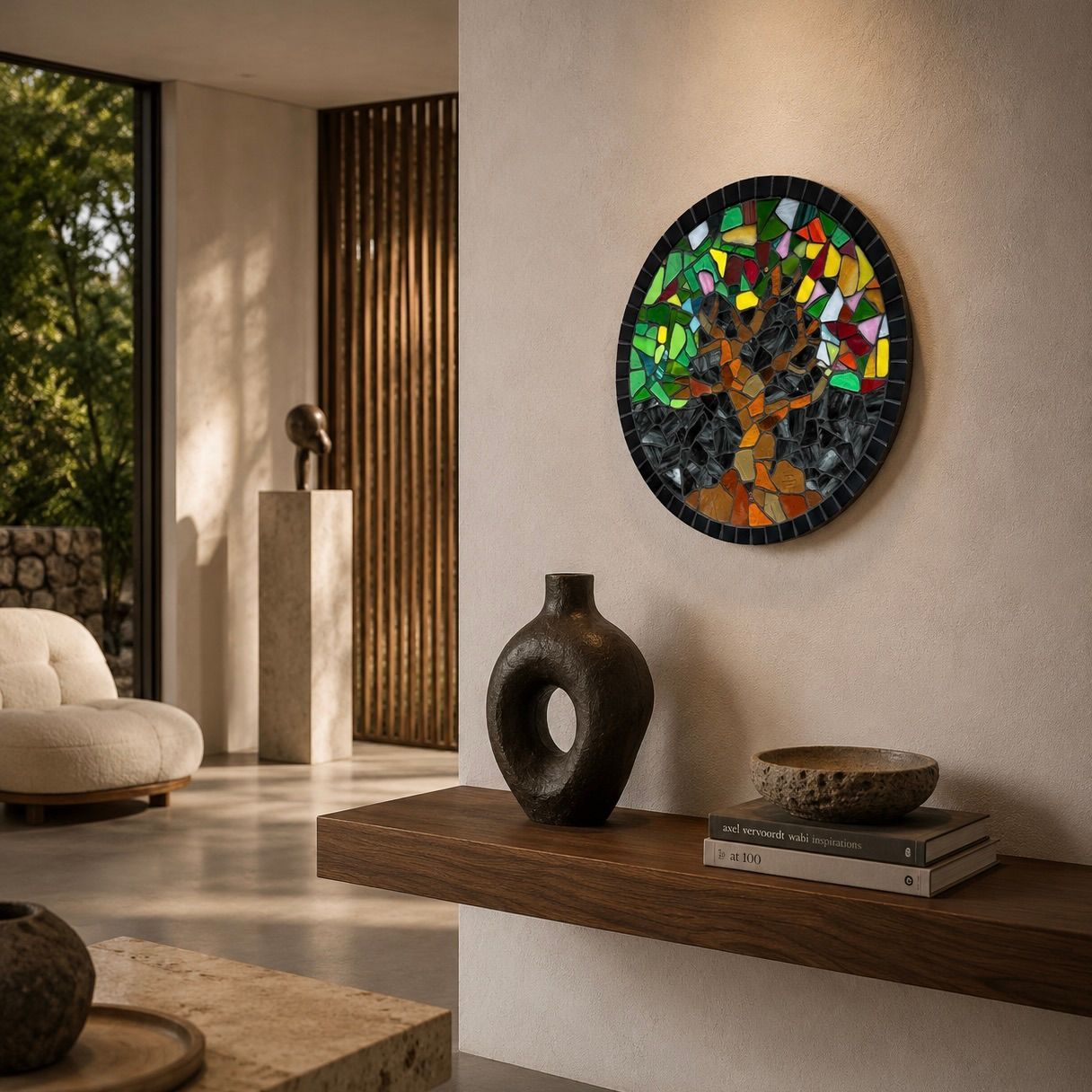 Moderne woonkamer met een kleurrijk rond wandkunstwerk, sculpturale decoratie en warme neutrale tinten.