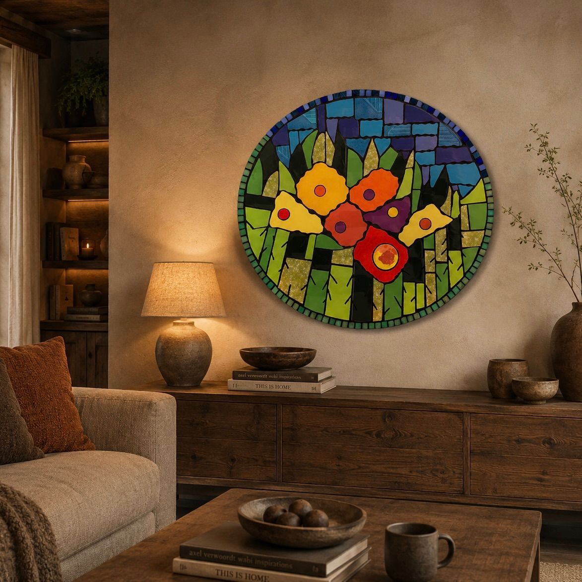 Gezellige woonkamer met een kleurrijke mozaïekwand met bloemenmotief, lamp, houten console en salontafel.