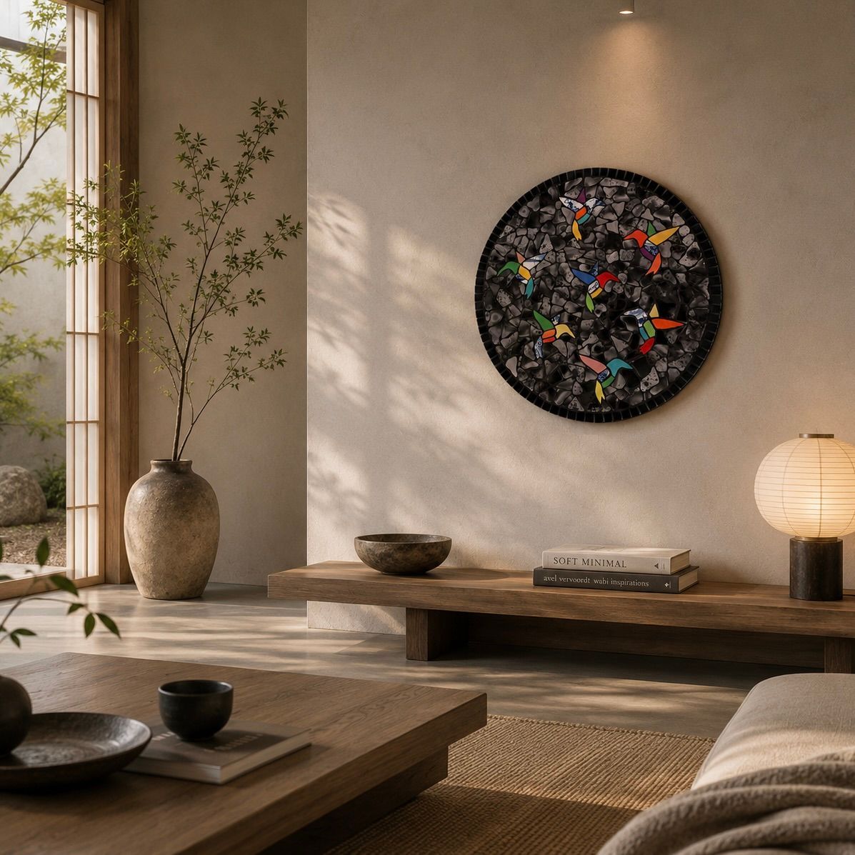 Gezellige, minimalistische woonkamer met een rond zwart kunstwerk aan de muur, warme verlichting en natuurlijke decoratie.