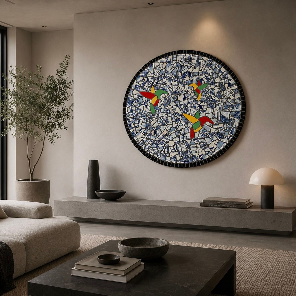 Moderne woonkamer met een groot, kleurrijk, rond wandkunstwerk boven een lage, grijze consoletafel.