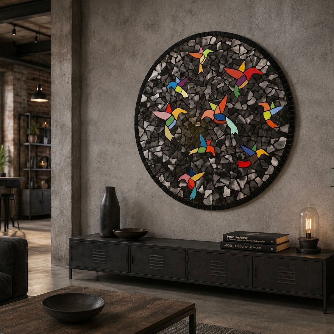 Moderne woonkamer met een rond, kleurrijk mozaïekkunstwerk boven een zwarte consoletafel.