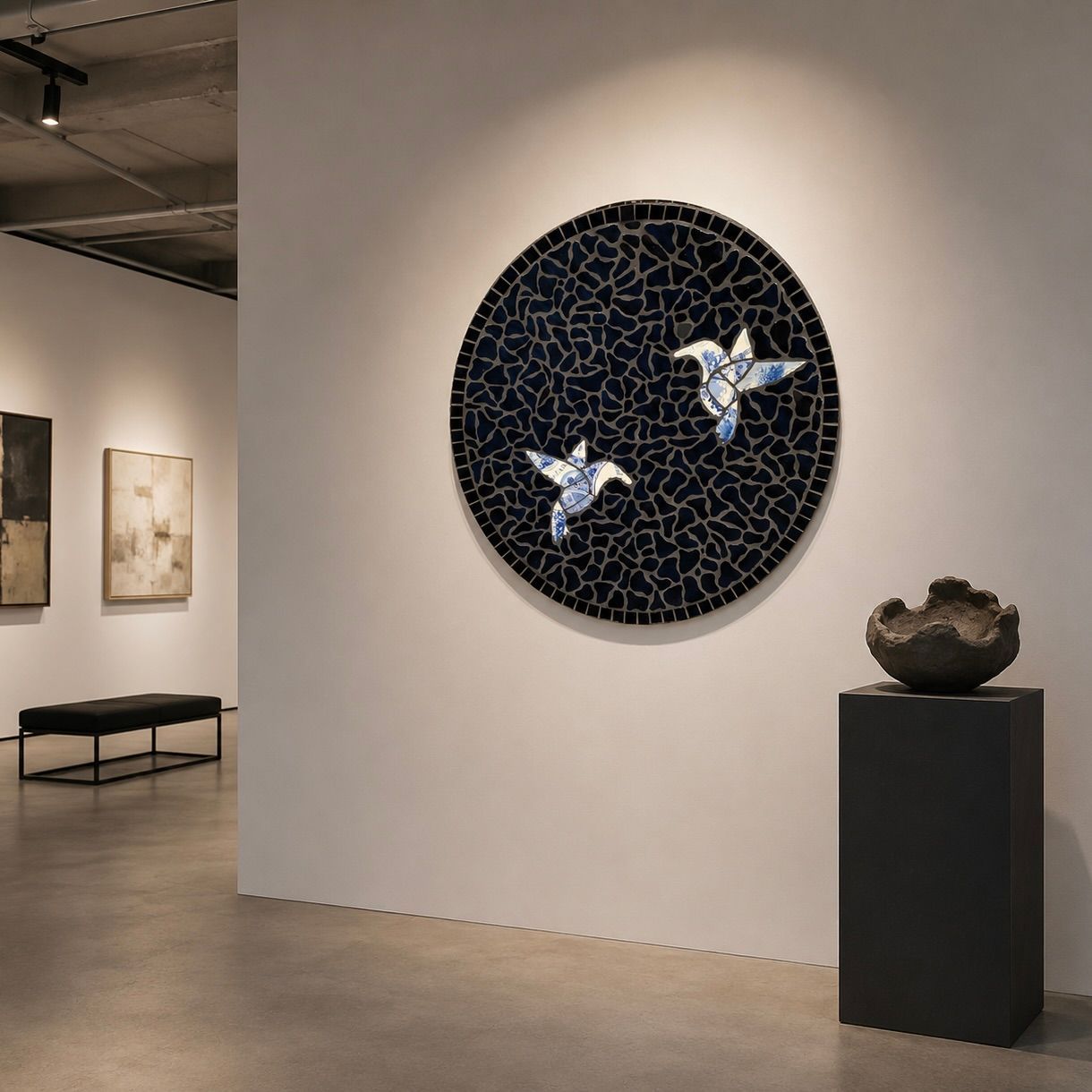Een kunstgaleriewand met een cirkelvormig mozaïek en een sculptuur van een vliegende vogel, plus een klein donker sokkelstuk.