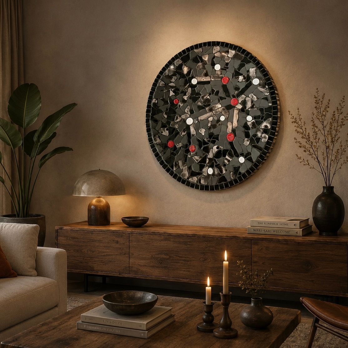 Gezellige woonkamer met een grote decoratieve wandklok, kaarsen, een houten console en een warme, neutrale inrichting.