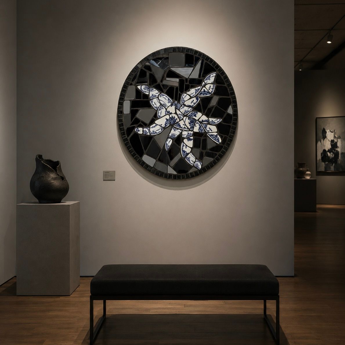 Een museumgalerijwand met een groot rond abstract kunstwerk, een vaas op een sokkel en een bankje op de voorgrond.