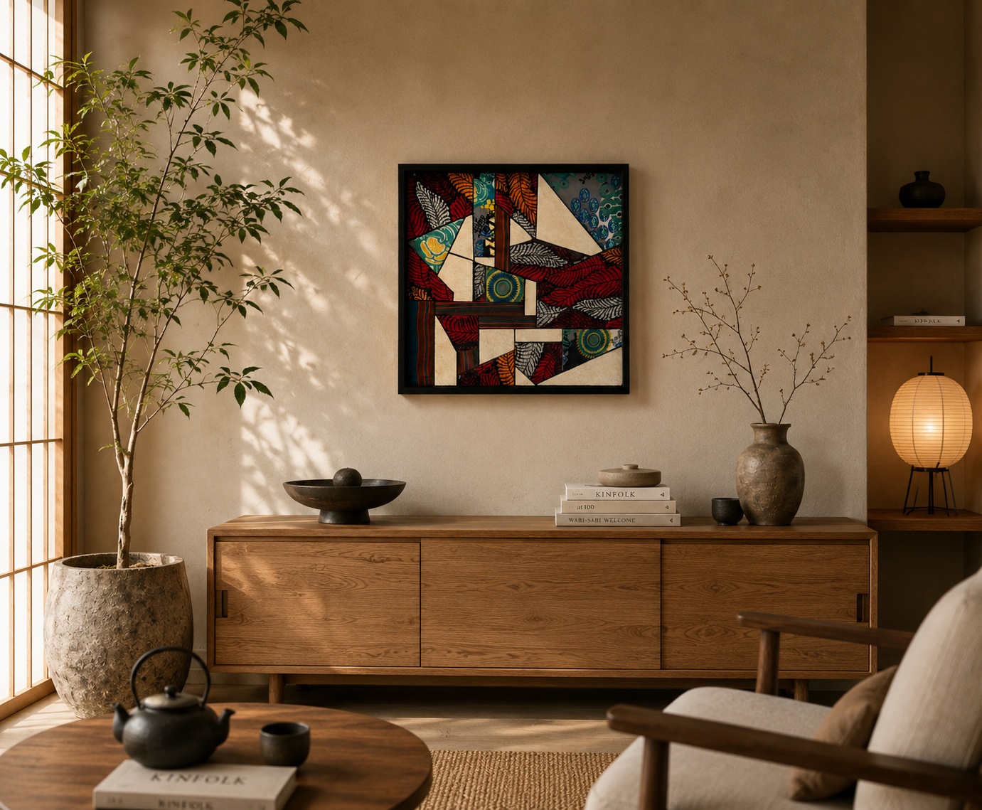 Gezellige, moderne woonkamer met houten dressoir, abstracte muurdecoratie, bamboeplant en warme lampverlichting.