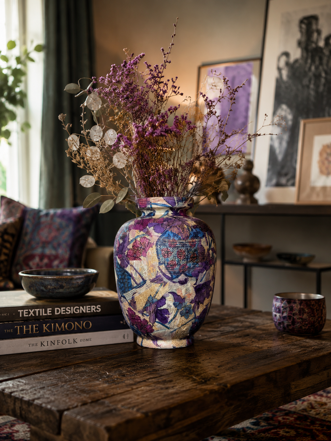 Een kleurrijke vaas met bloemen op een rustieke salontafel in een gezellige woonkamer.