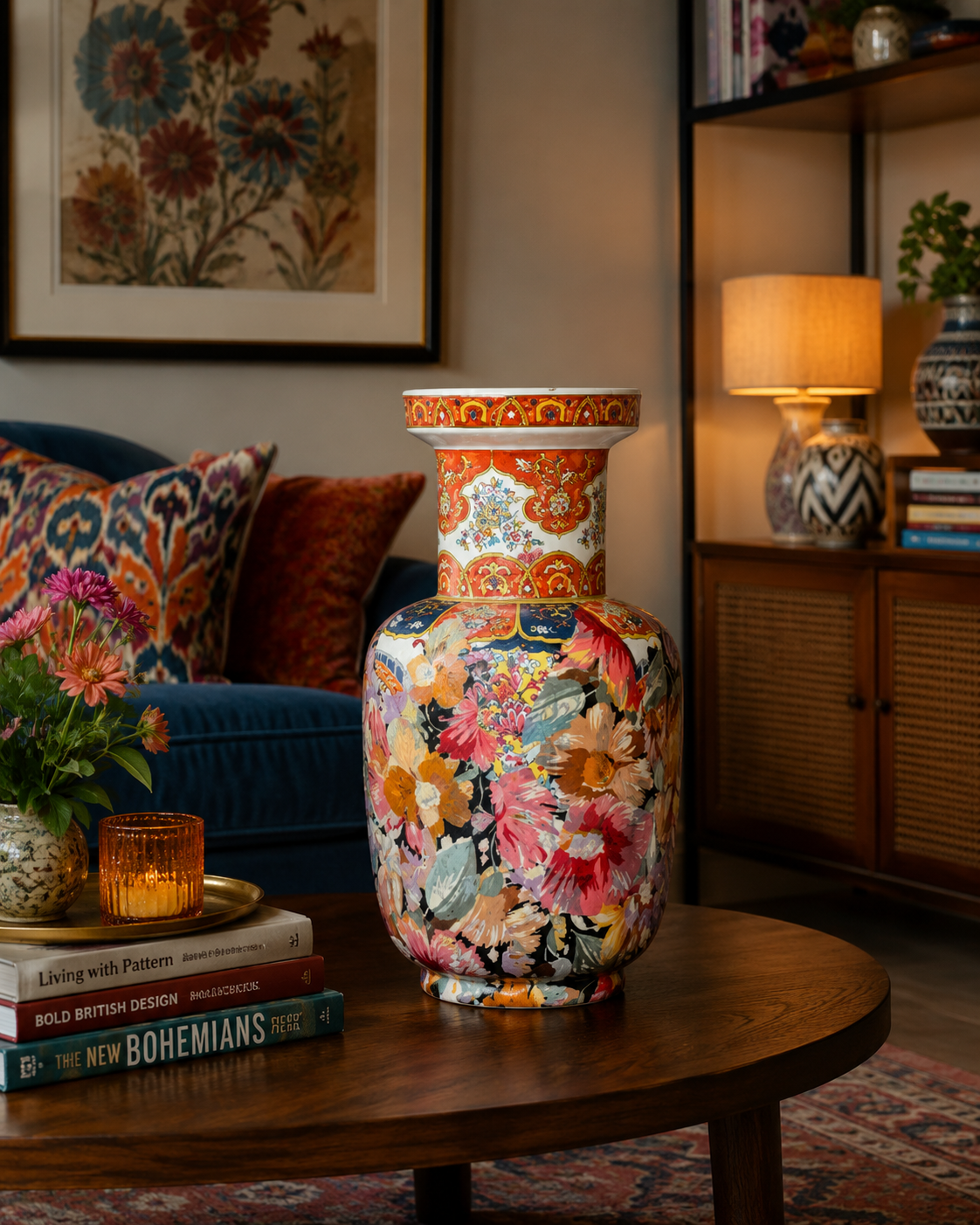 Een vaas met bloemenmozaïek op een salontafel in een gezellige woonkamer met warm lamplicht.