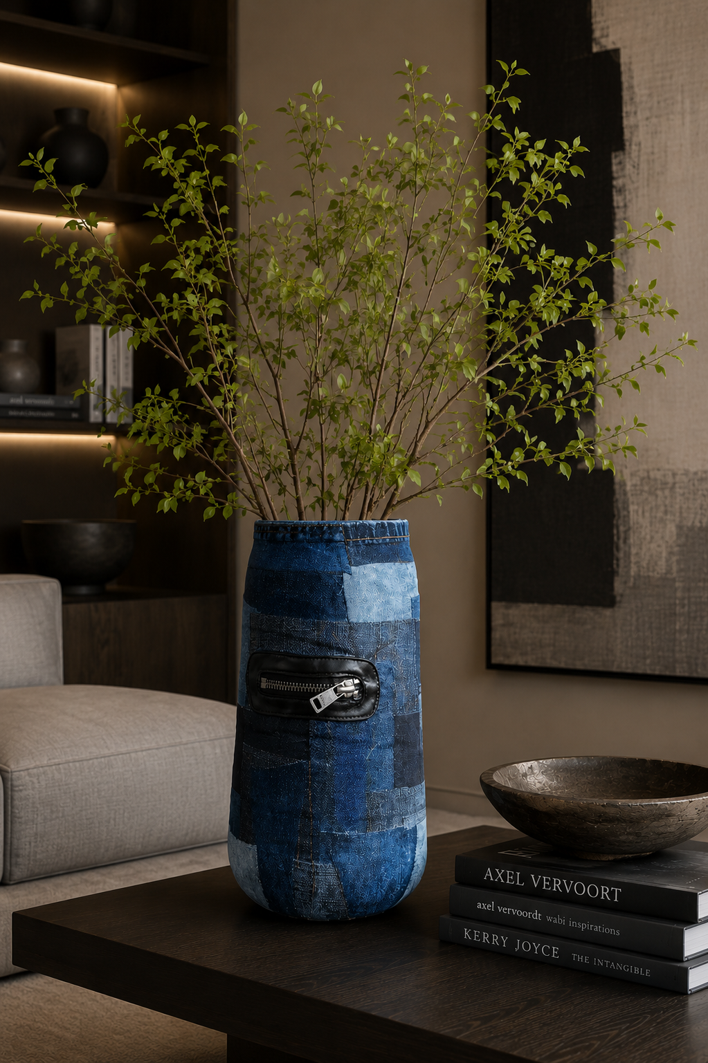 Blauwe keramische vaas met groene takken op een tafel in een moderne woonkamer.