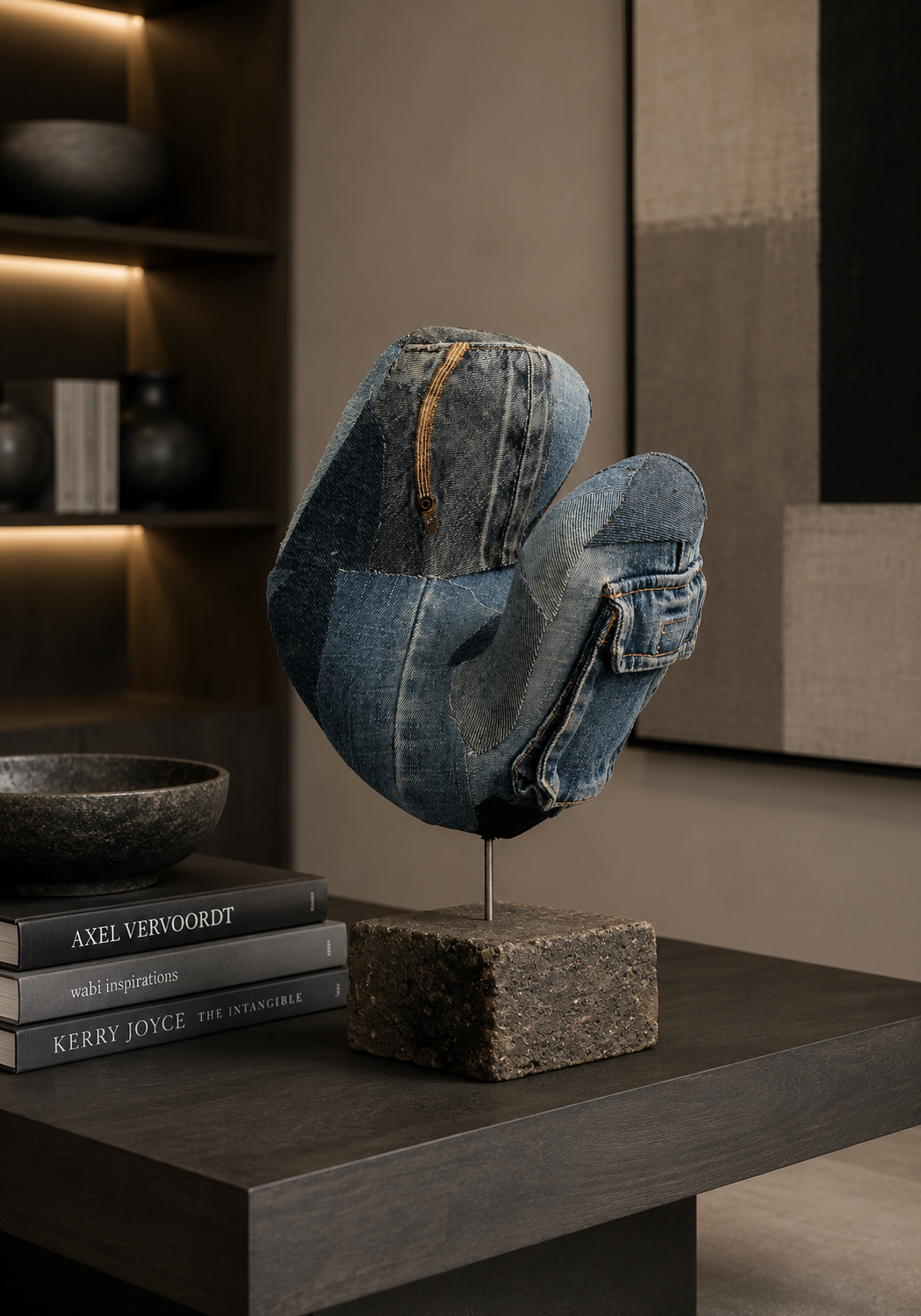 Abstracte blauw-gouden sculptuur op een stenen sokkel bovenop een donker bijzettafeltje in een moderne kamer.