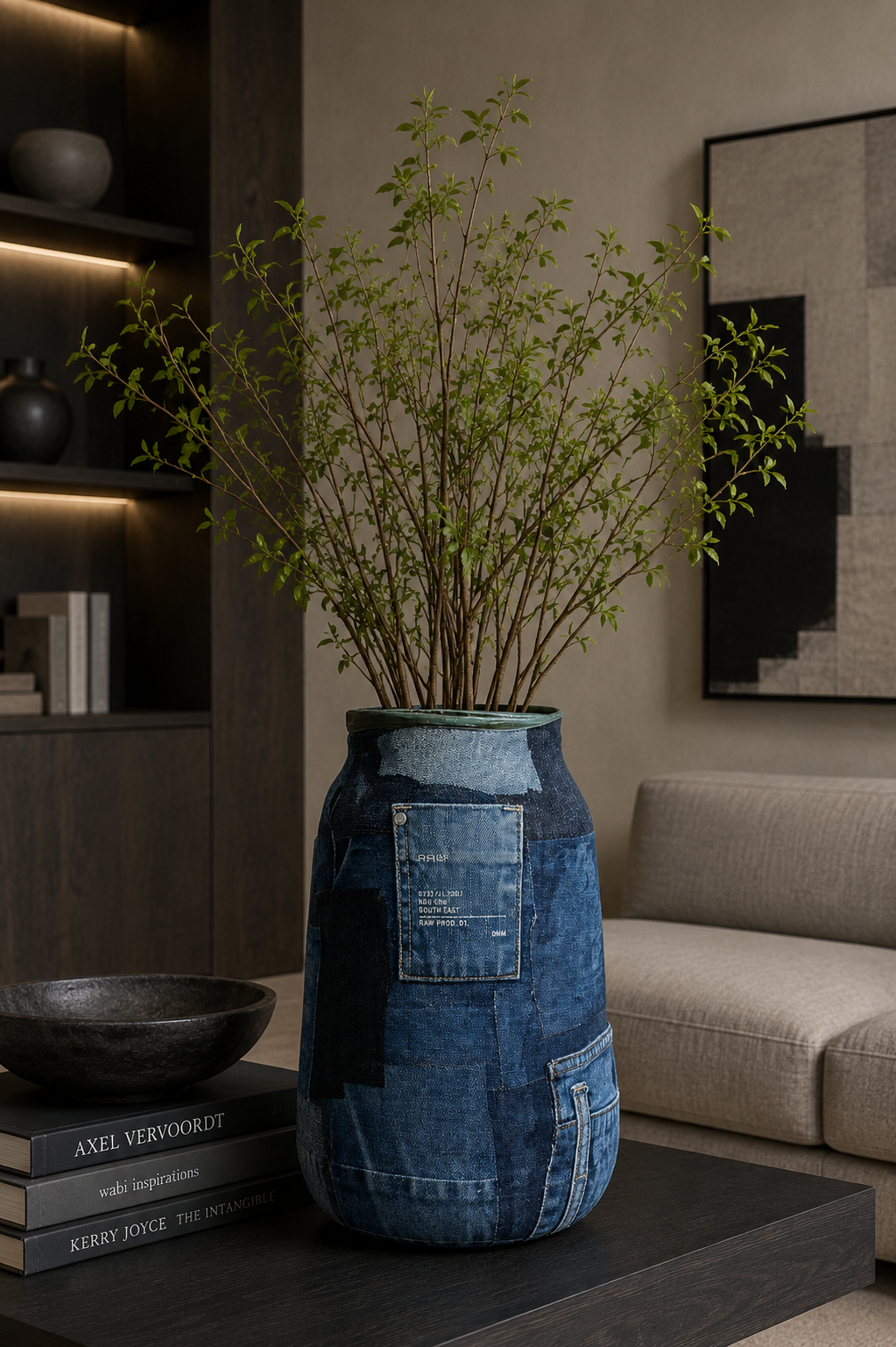 Blauwe vaas met textuur en groene takken op een donkere tafel in een moderne woonkamer.