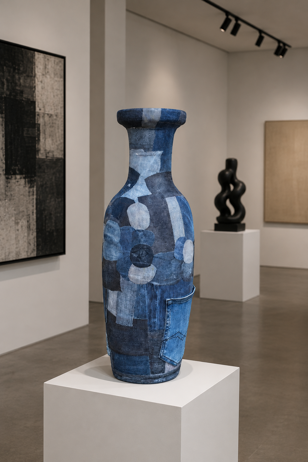 Een vaassculptuur van blauw mozaïek op een witte sokkel in een galerie voor moderne kunst.
