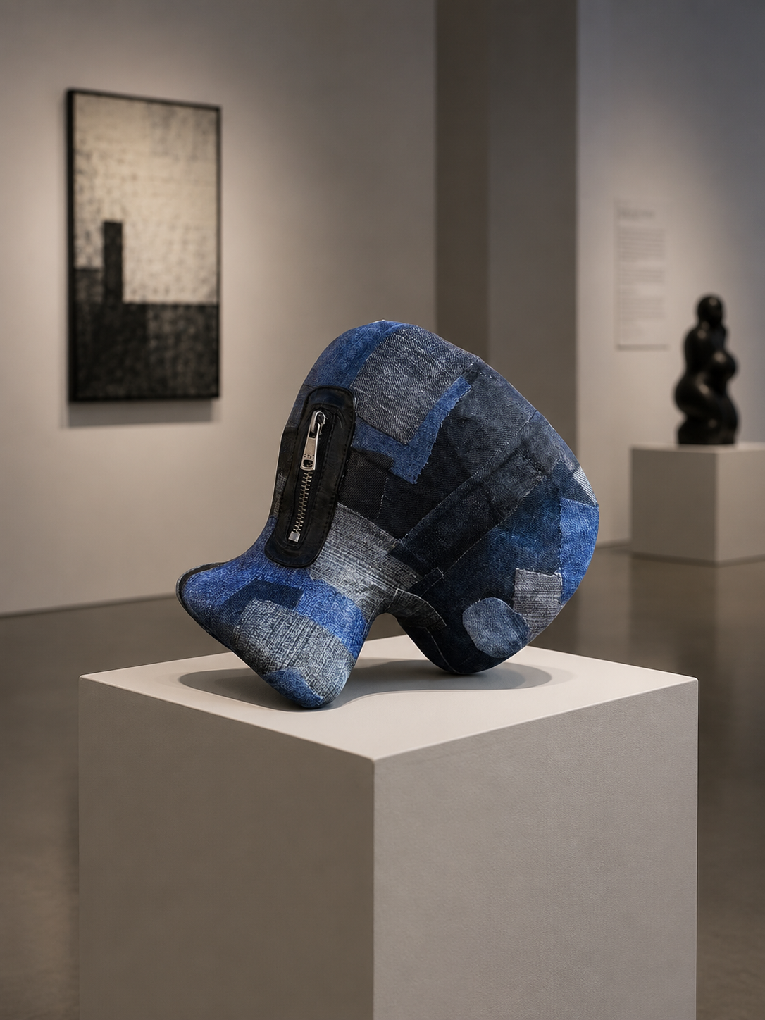 Blauw-zwarte abstracte sculptuur op een sokkel in een galerie.