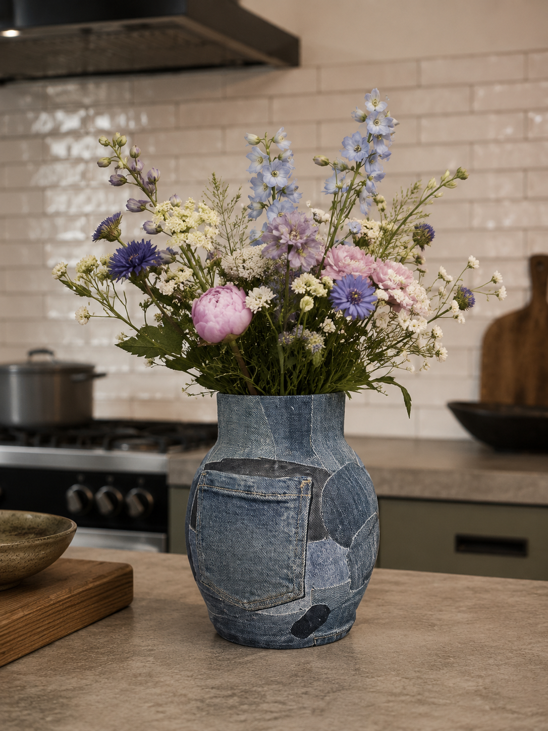 Een blauwe vaas met pastelkleurige wilde bloemen staat op het aanrecht in een lichte, betegelde keuken.