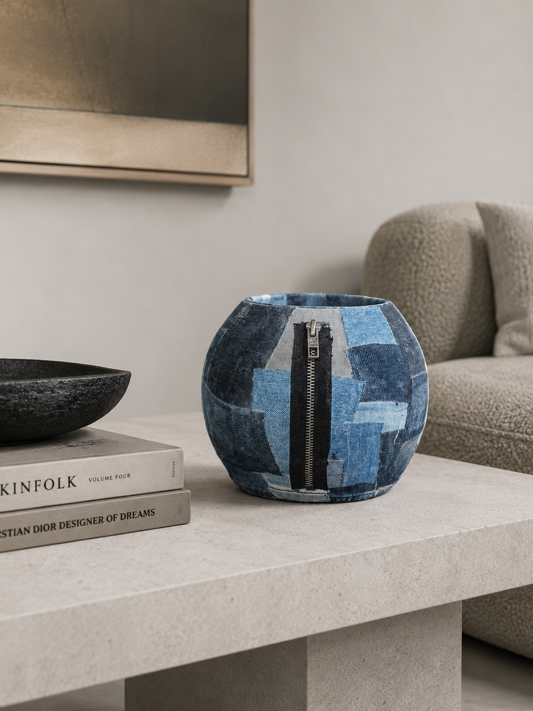 Blauwe mozaïekvaas op een lichte stenen salontafel in een moderne woonkamer.