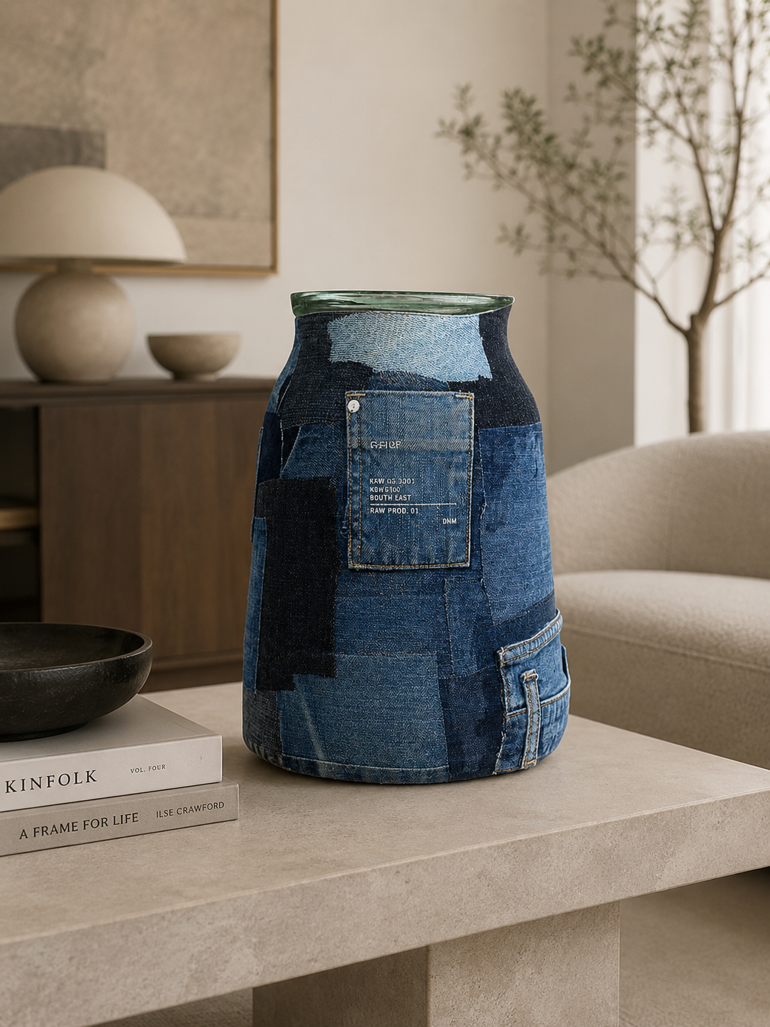 Blauwe, gestructureerde keramische vaas op een beige tafel in een minimalistische woonkamer met neutrale inrichting.