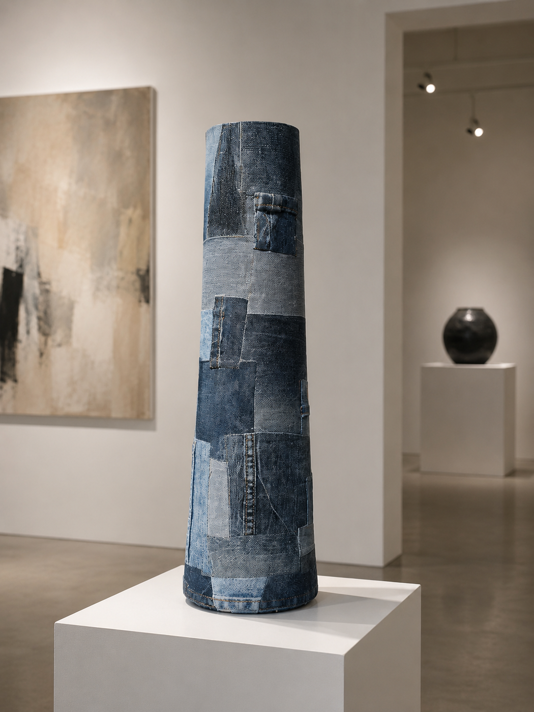 Een cilindrische sculptuur van denimop een witte sokkel in een minimalistische kunstgalerie.
