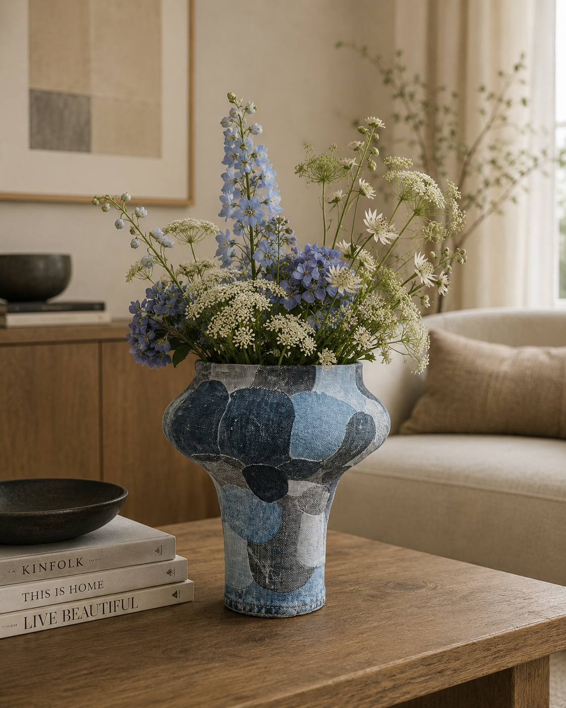 Een vaas met blauw-witte mozaïek en wilde bloemen op een houten salontafel in de woonkamer.