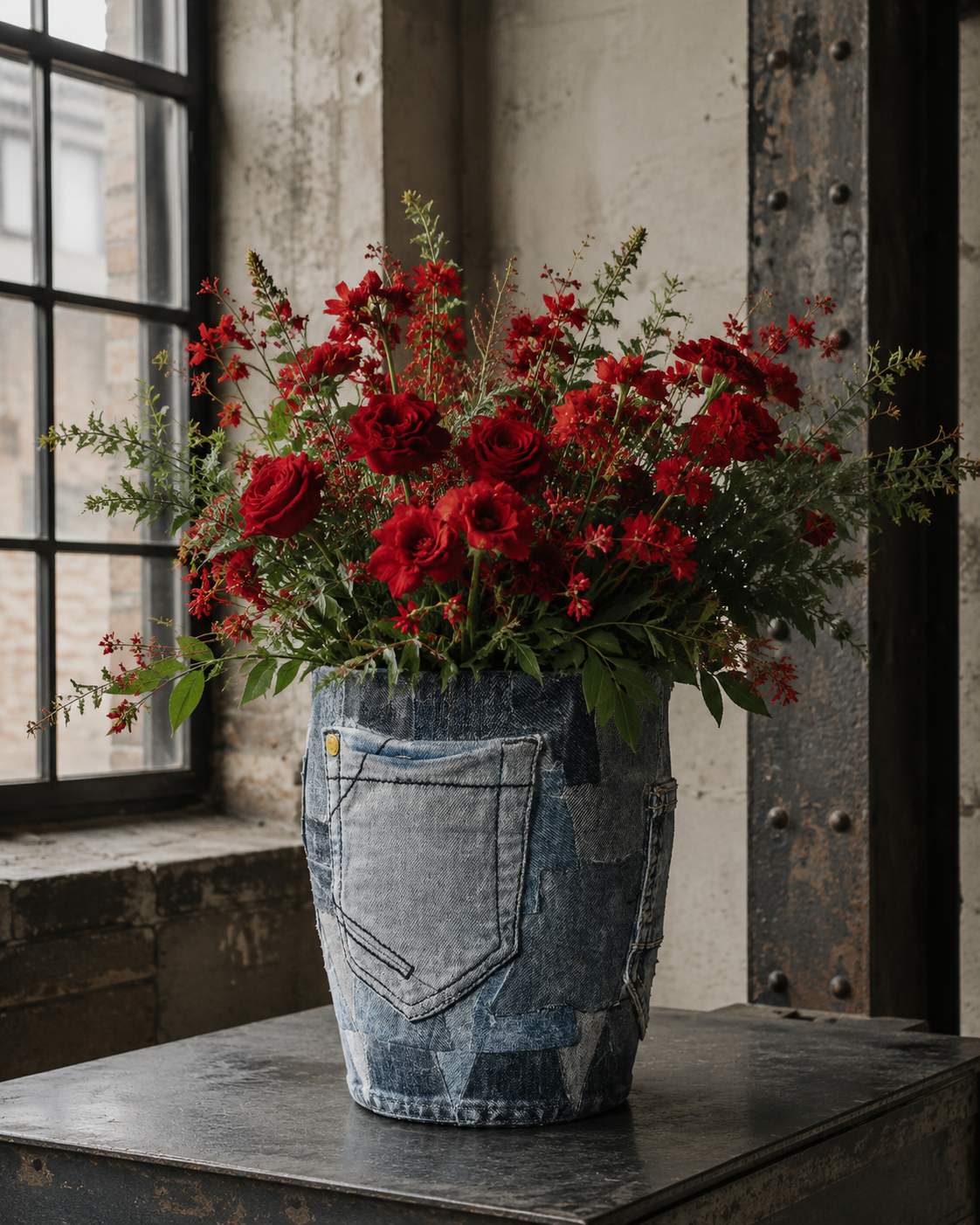 Rode bloemen in een blauwe keramische vaas op een tafel bij een raam in een rustiek interieur.