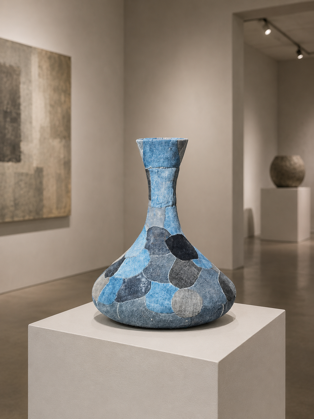 Blauwe, gedessineerde keramische vaas op een sokkel in een galerie-expositie.