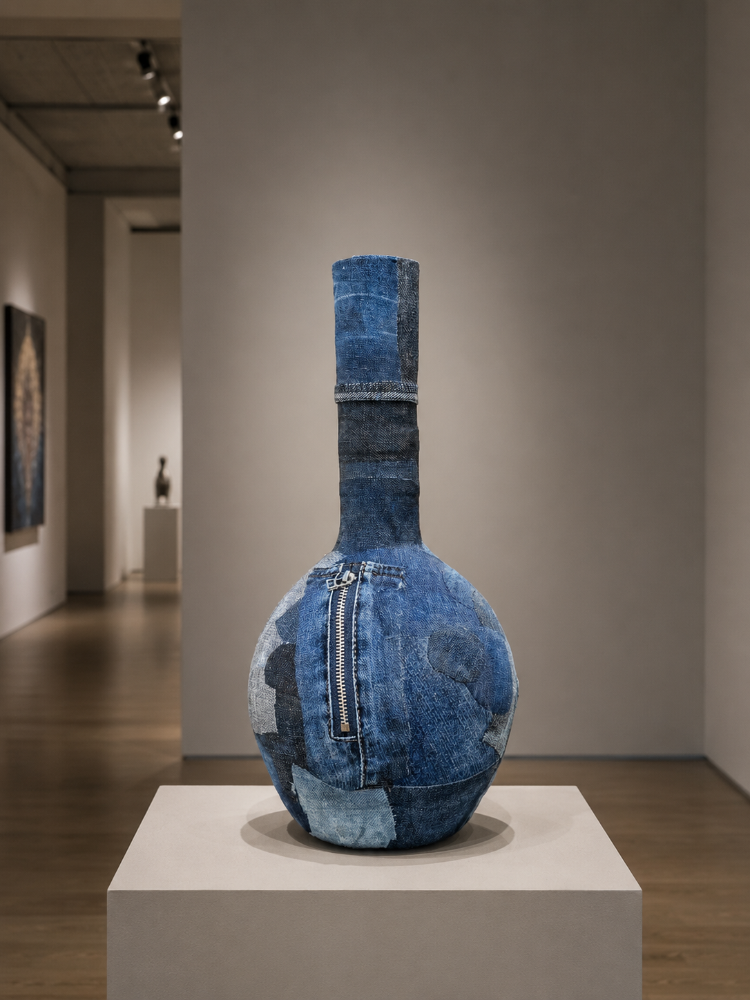 Een vaassculptuur van blauw mozaïek op een sokkel in een museumgalerie.