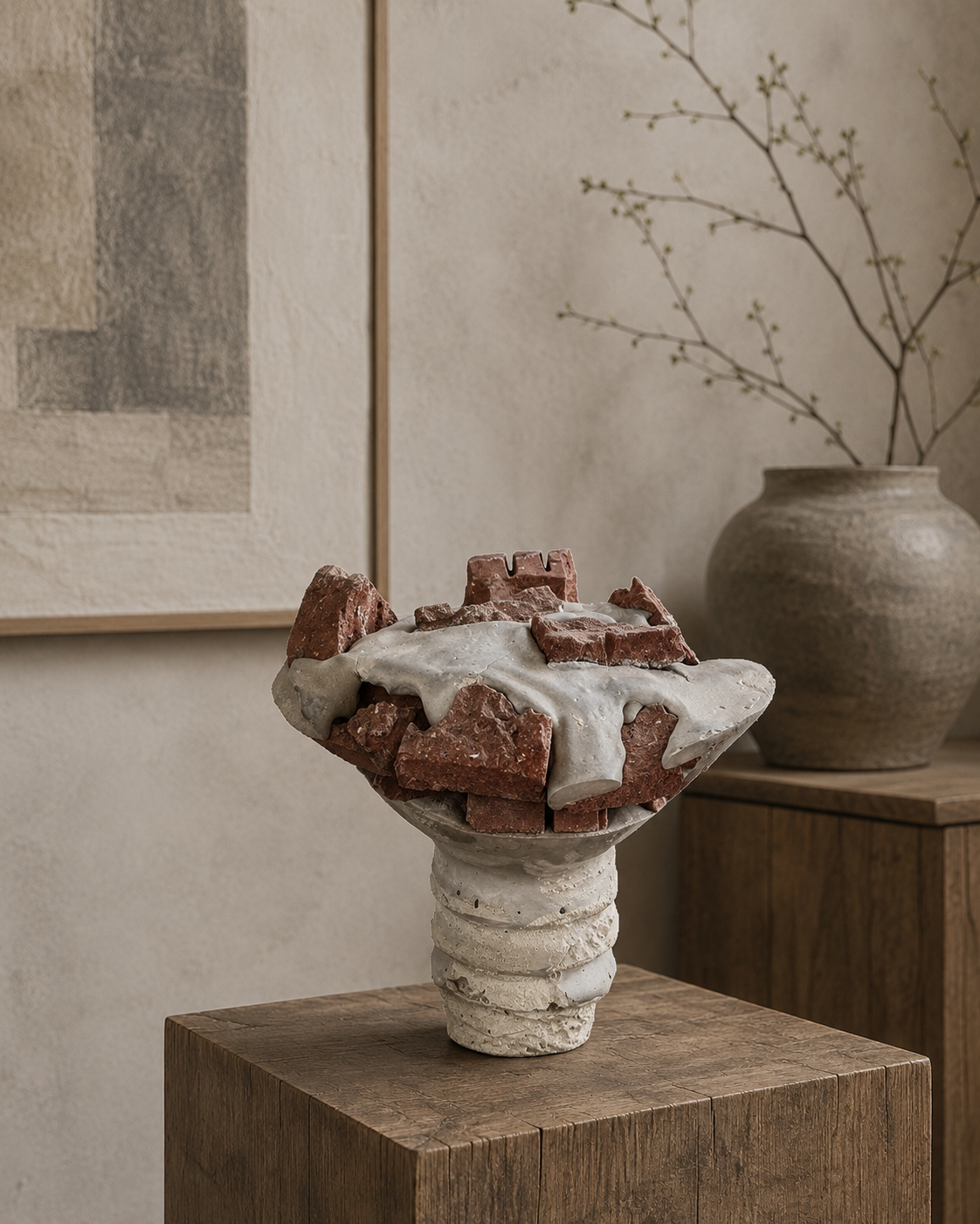 Abstracte sculptuur op een sokkel naast een ingelijste prent en een vaas in een minimalistische kamer.