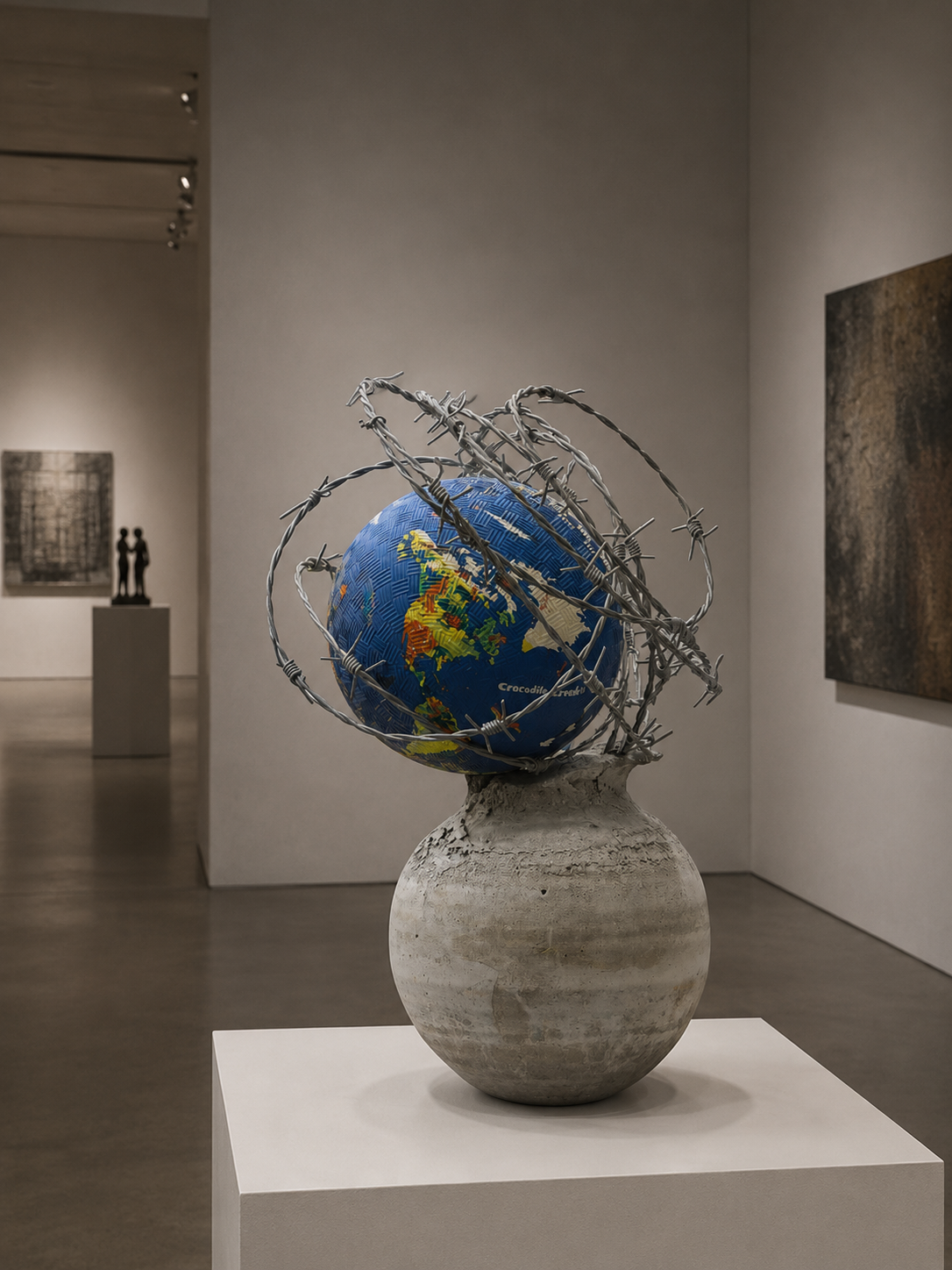Sculpturale wereldbol met metalen draden die op een sokkel in een galerie ronddraait.