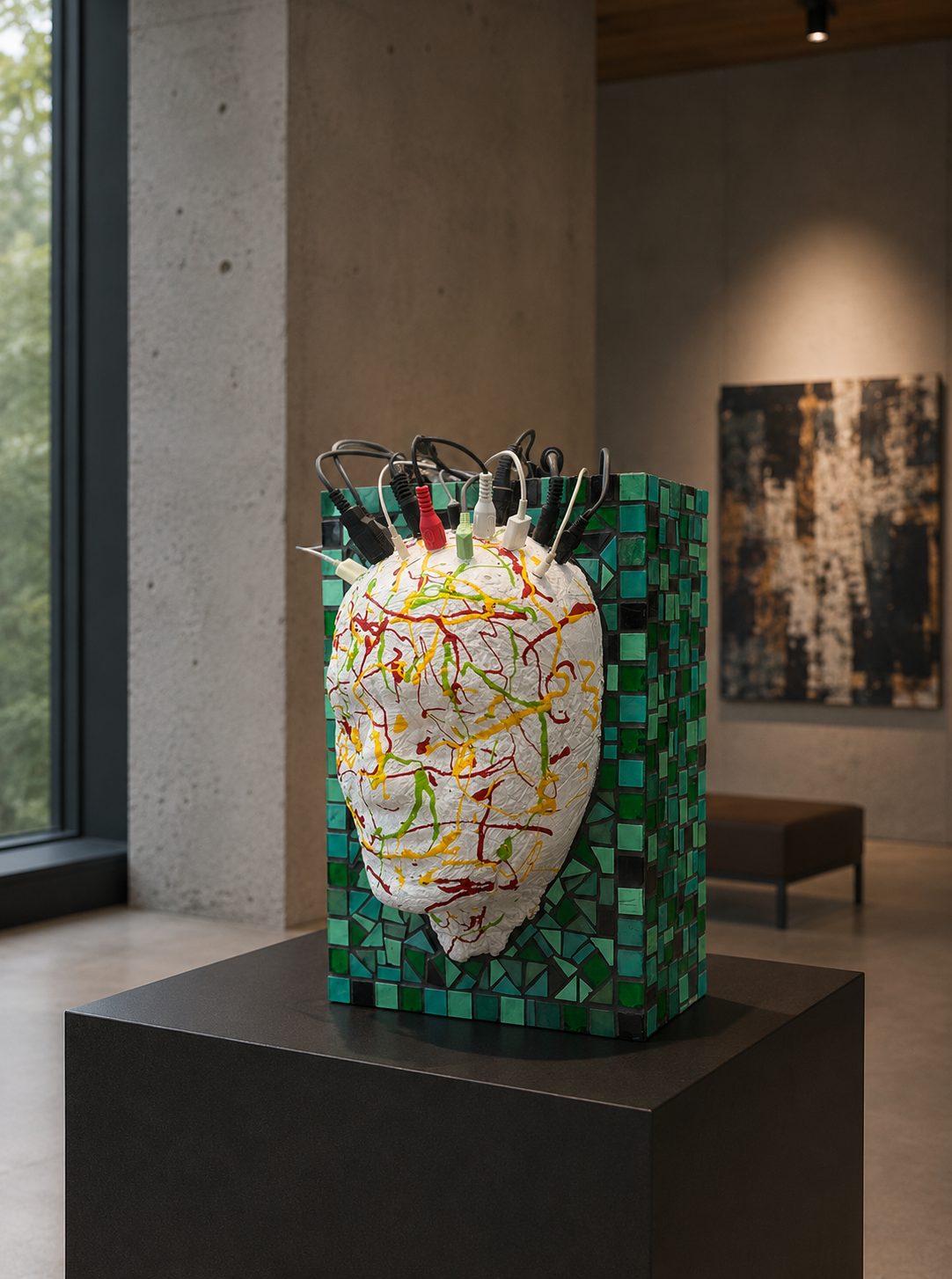 Een kleurrijk mozaïek van een mensengezicht op een zwarte sokkel in een moderne galerie.