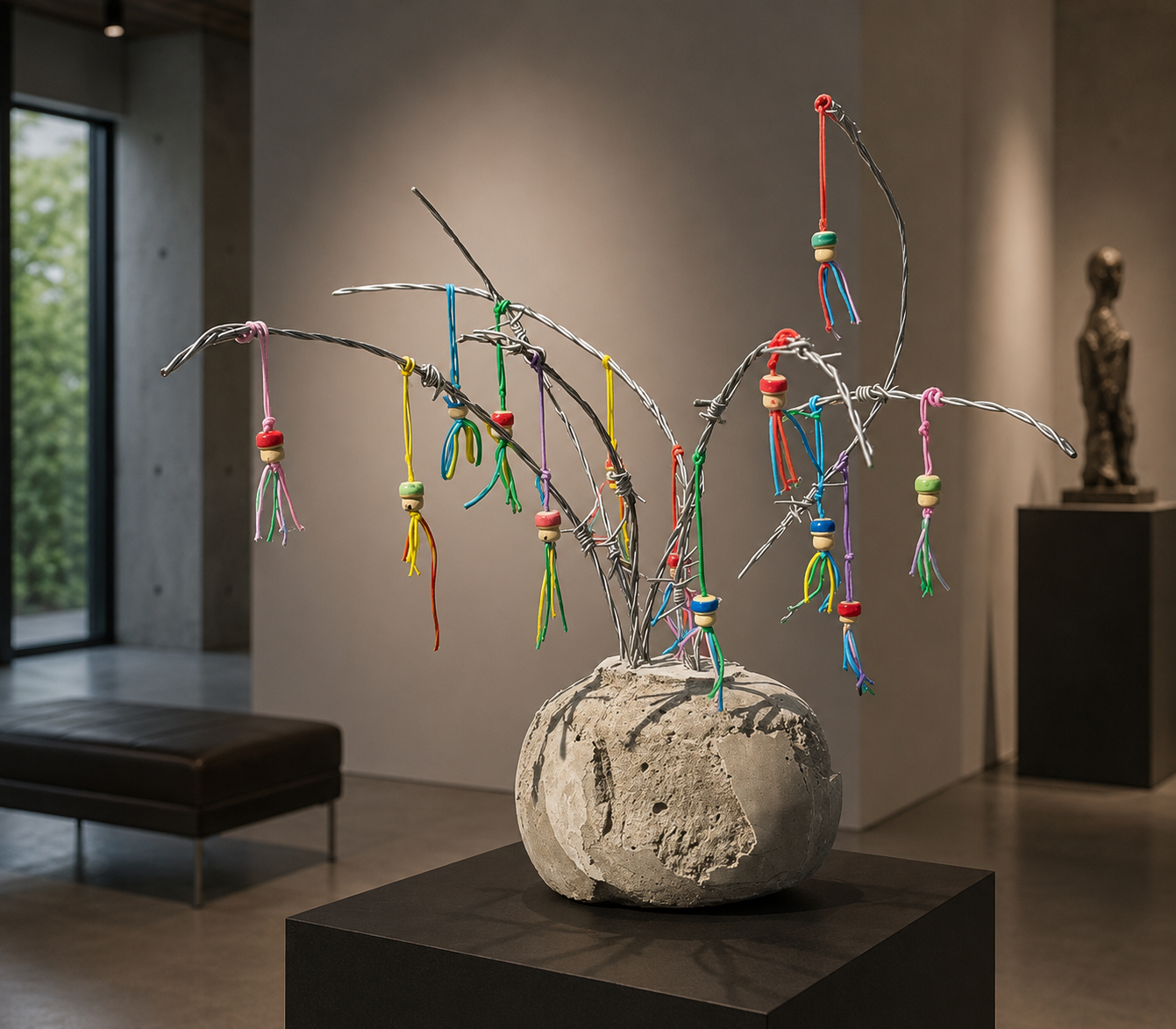 Abstracte sculptuur met kleurrijke hangende strengen in een galerie op een stenen sokkel.